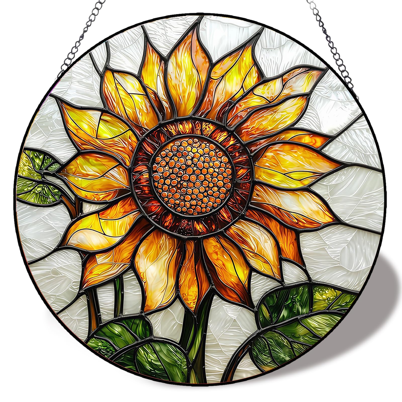 Stained Glass Sunflower Suncatcher Window Hanging, Round Floral Sun Catcher Ornament with Hanging Chain, Sunflower Garden Decorations, Gifts for Mum Friends Besties, Housewarming Present