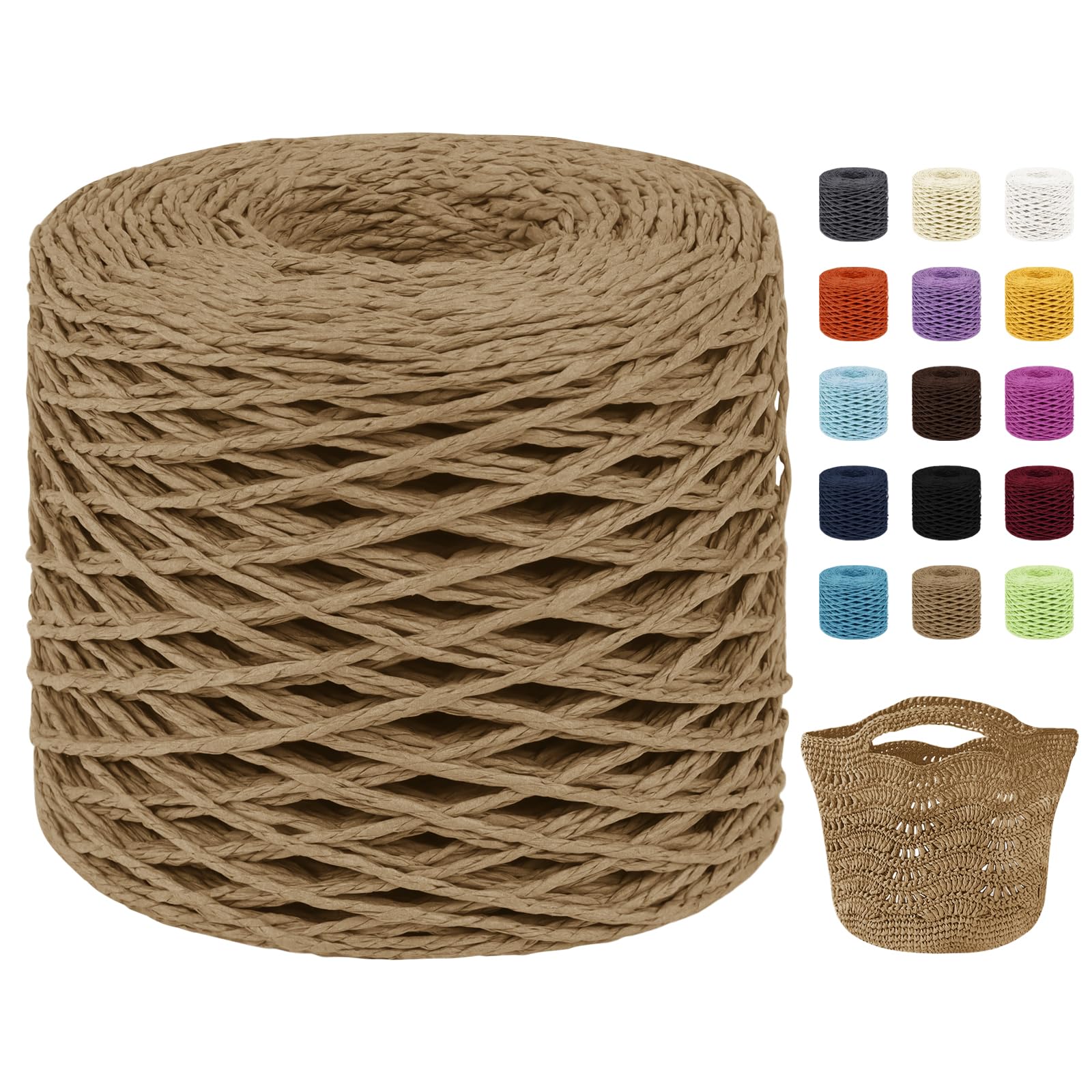 Uiopa Raffia Yarn for Crochet, 2mm x 200m Raffia Paper String Straw Crochet Yarn for Crocheting Beach Bags, Sun Hats, Home Decor, DIY Crafts (Light Coffee)