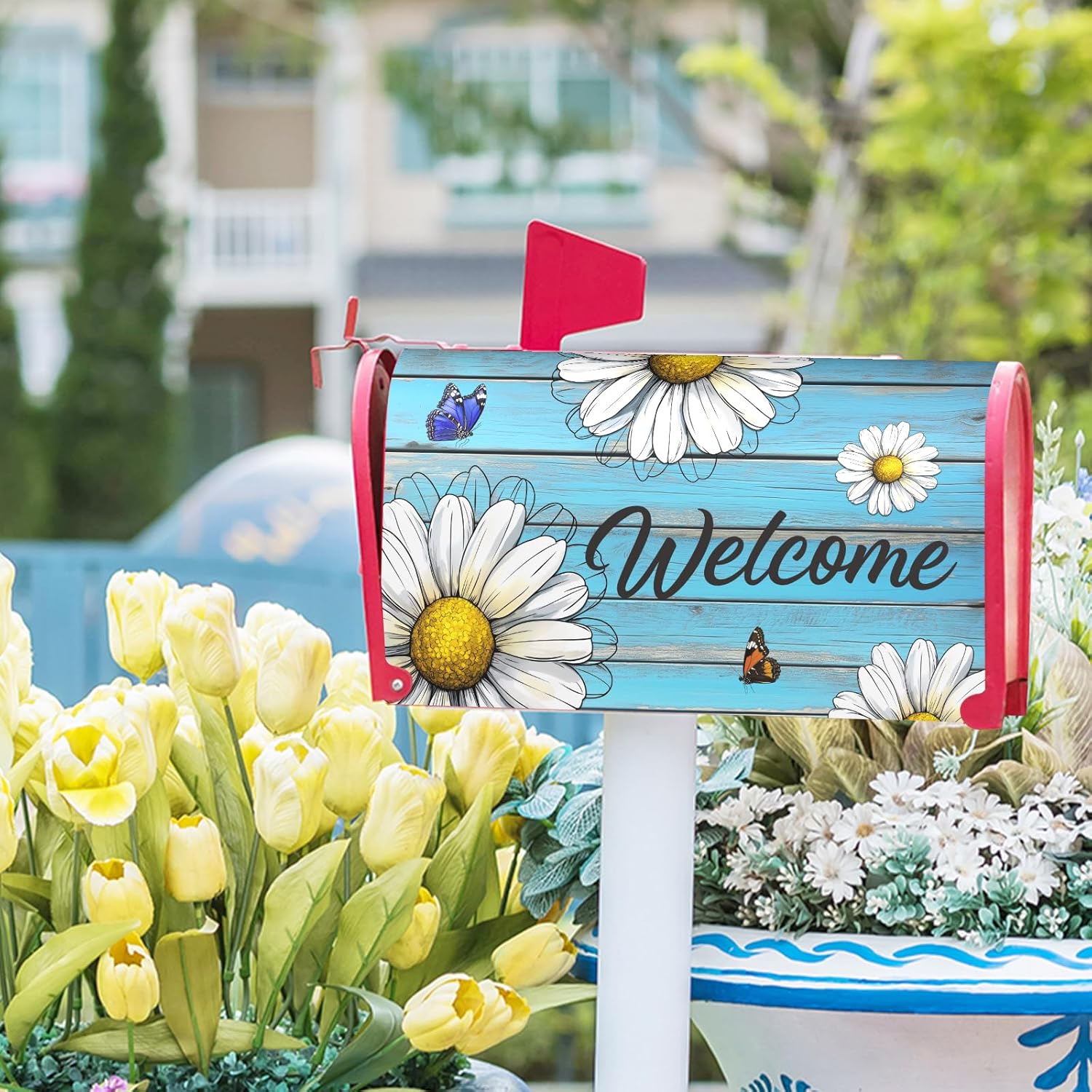 Spring Summer Daisy Mailbox Covers Magnetic Standard Size 18"x21" Vintage Floral Spring Mailbox Cover Rustic Blue Old Wood Board Mailbox Wraps Post Letter Box Covers for Home Garden Yard Outdoor