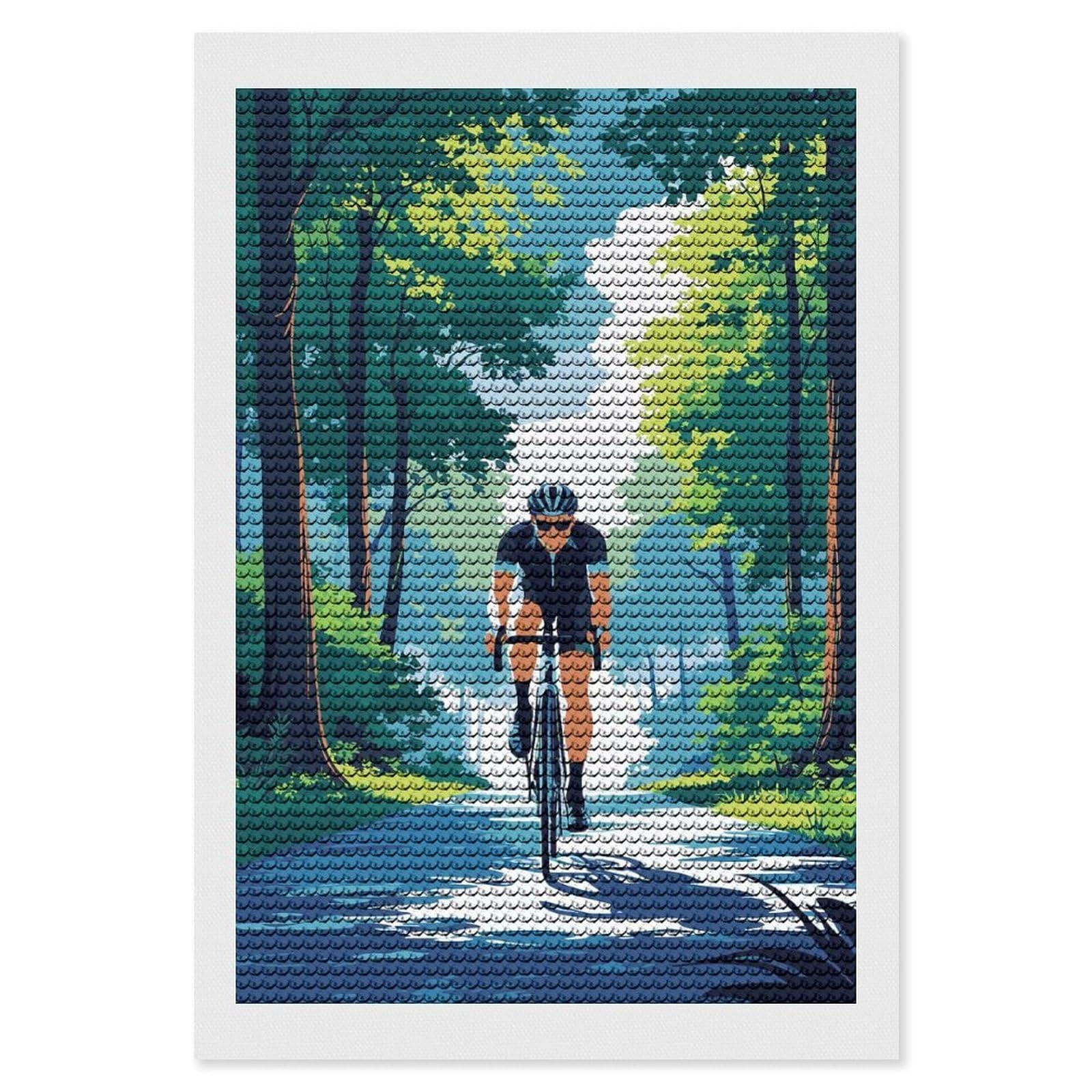 Junmoney Cyclist in Forest Illustration Diamond Painting Canvas Set 8"x12", Easy to Enjoy, Adhesive Canvas, Office Decor, Holiday Gift Idea, with Tool Kit