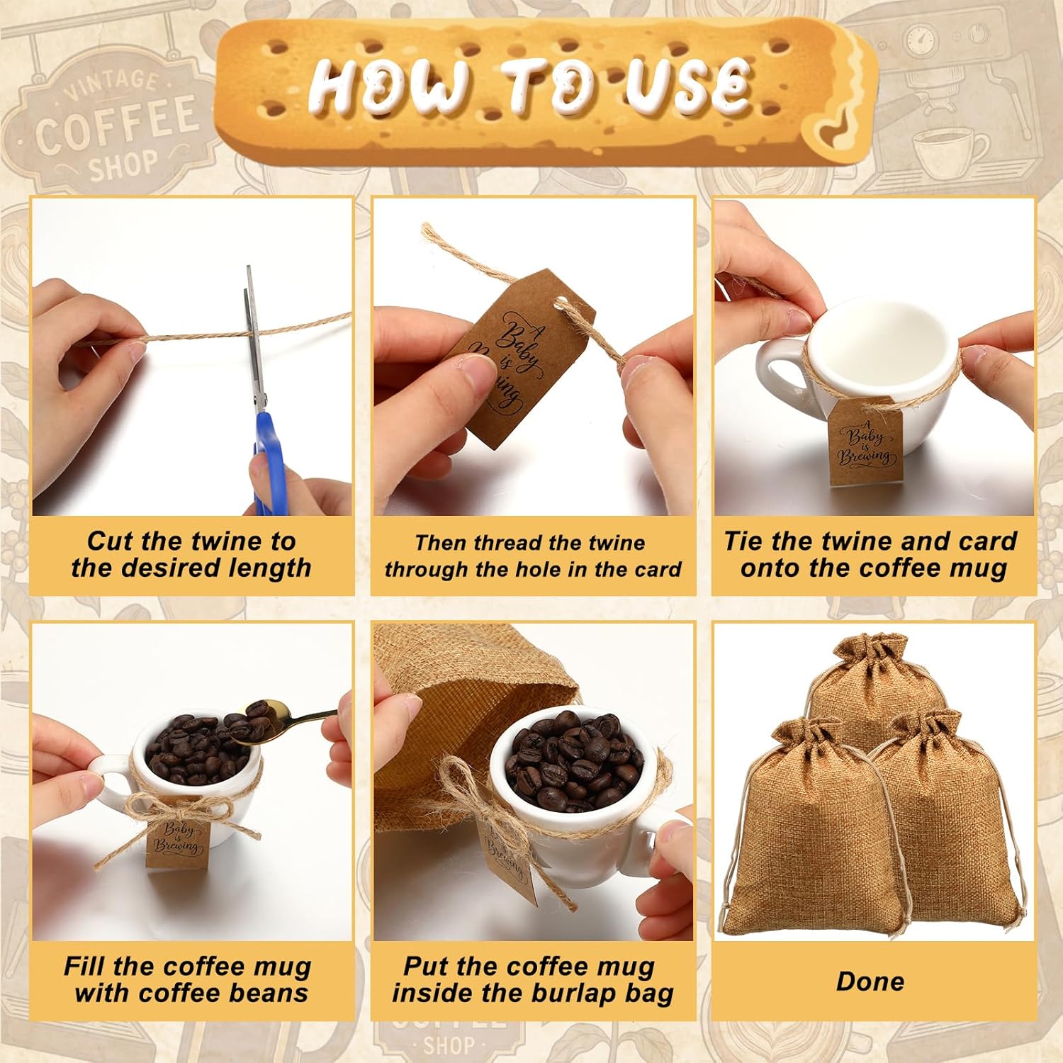 Hushee 20 Sets/ 60 Pcs Coffee Themed Baby Shower Party Favors a Baby Is Brewing Coffee Mugs Gifts for Babyshower Gender Reveal Party Serve 20 Guests with Linen Drawstring Bags Labels and Jute Twine