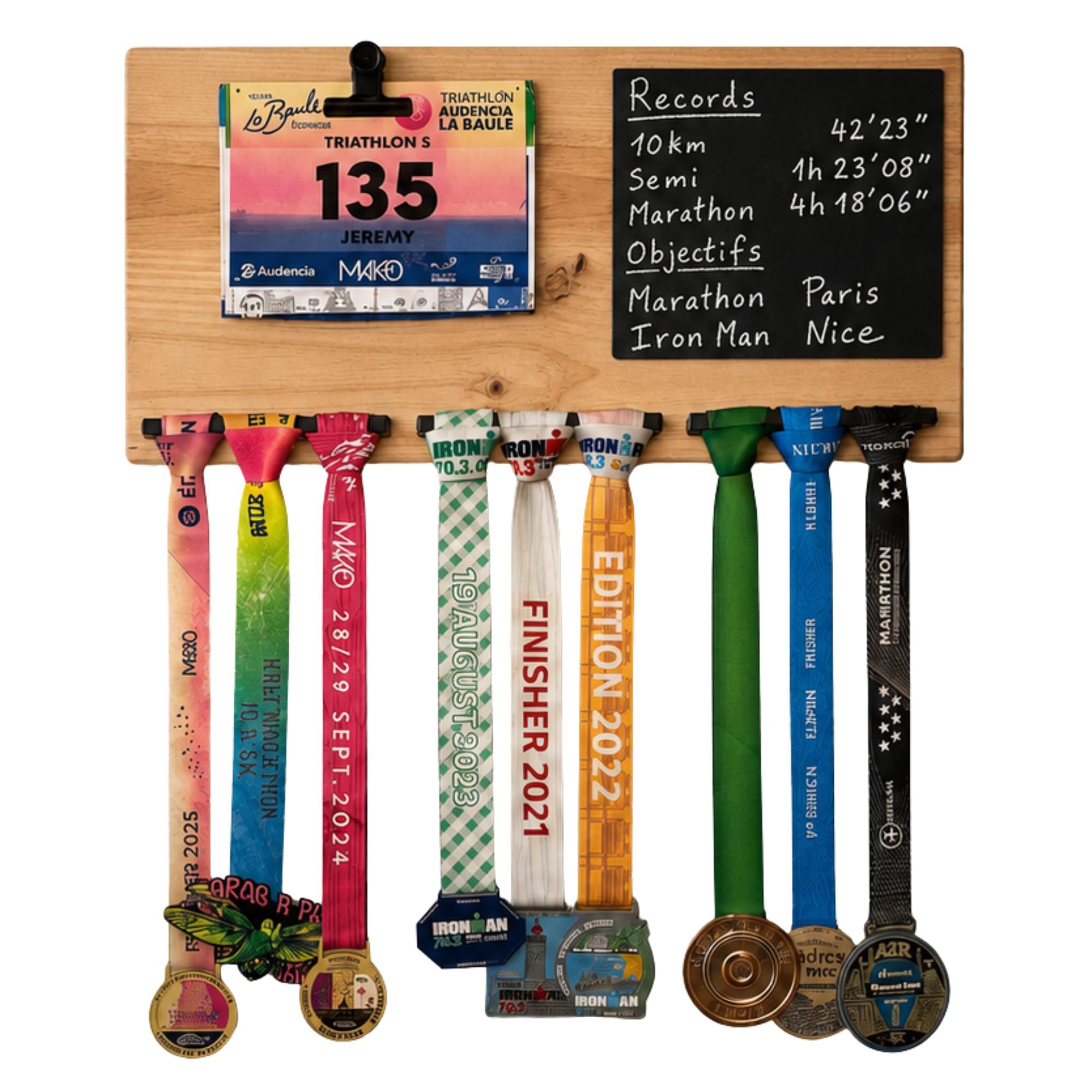 Medaillen- und Startnummernhalter aus Massivholz – Handgefertigte Wandhalterung Finisher, einzigartiges Geschenk für Triathleten und Marathonläufer.