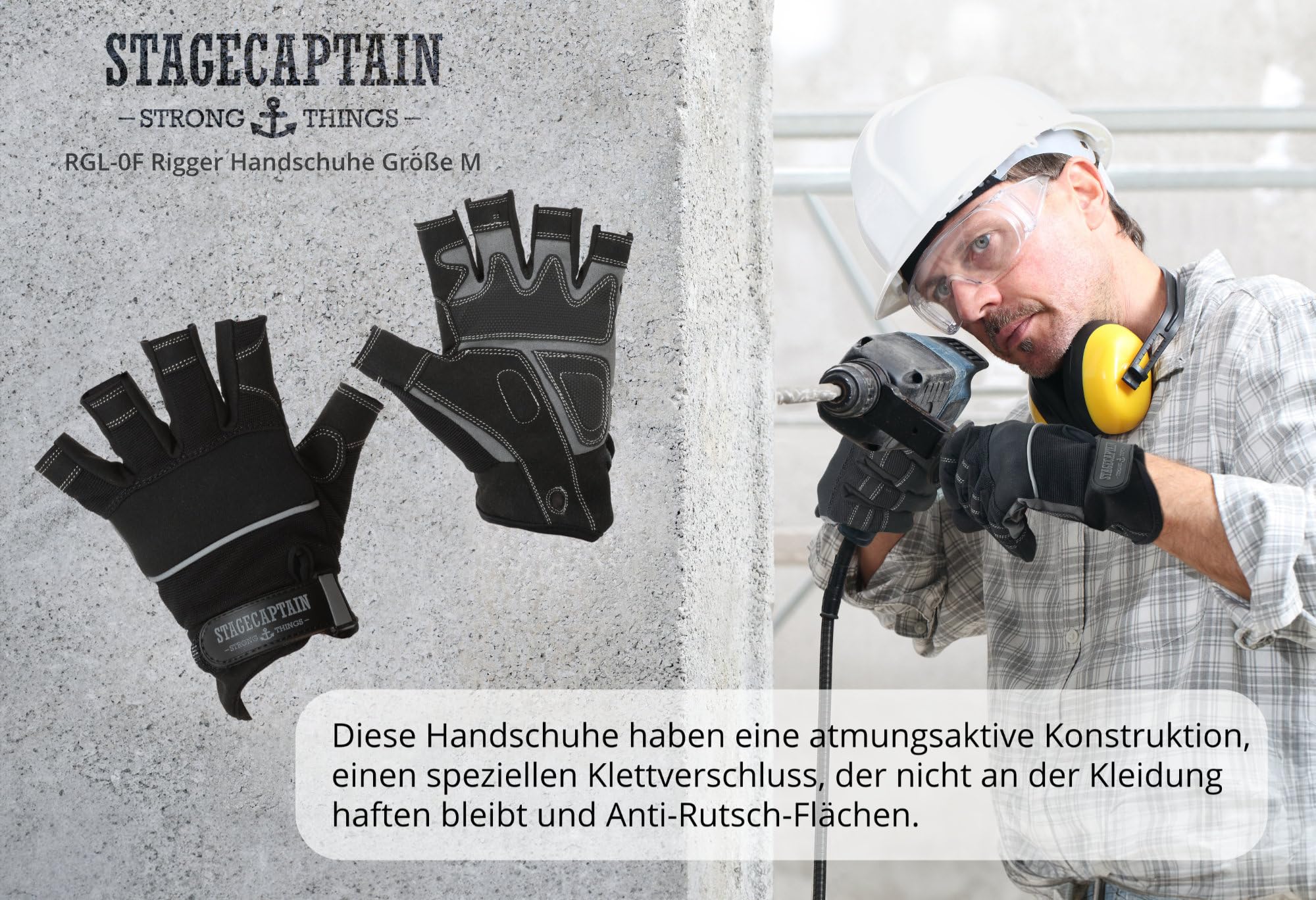 Stagecaptain RGL-0F Rigger Handschuhe - Arbeitshandschuhe für Herren - Größe M - kurze Finger und Innenfläche aus Kunstleder - Aufgesetzte Verstärkungen