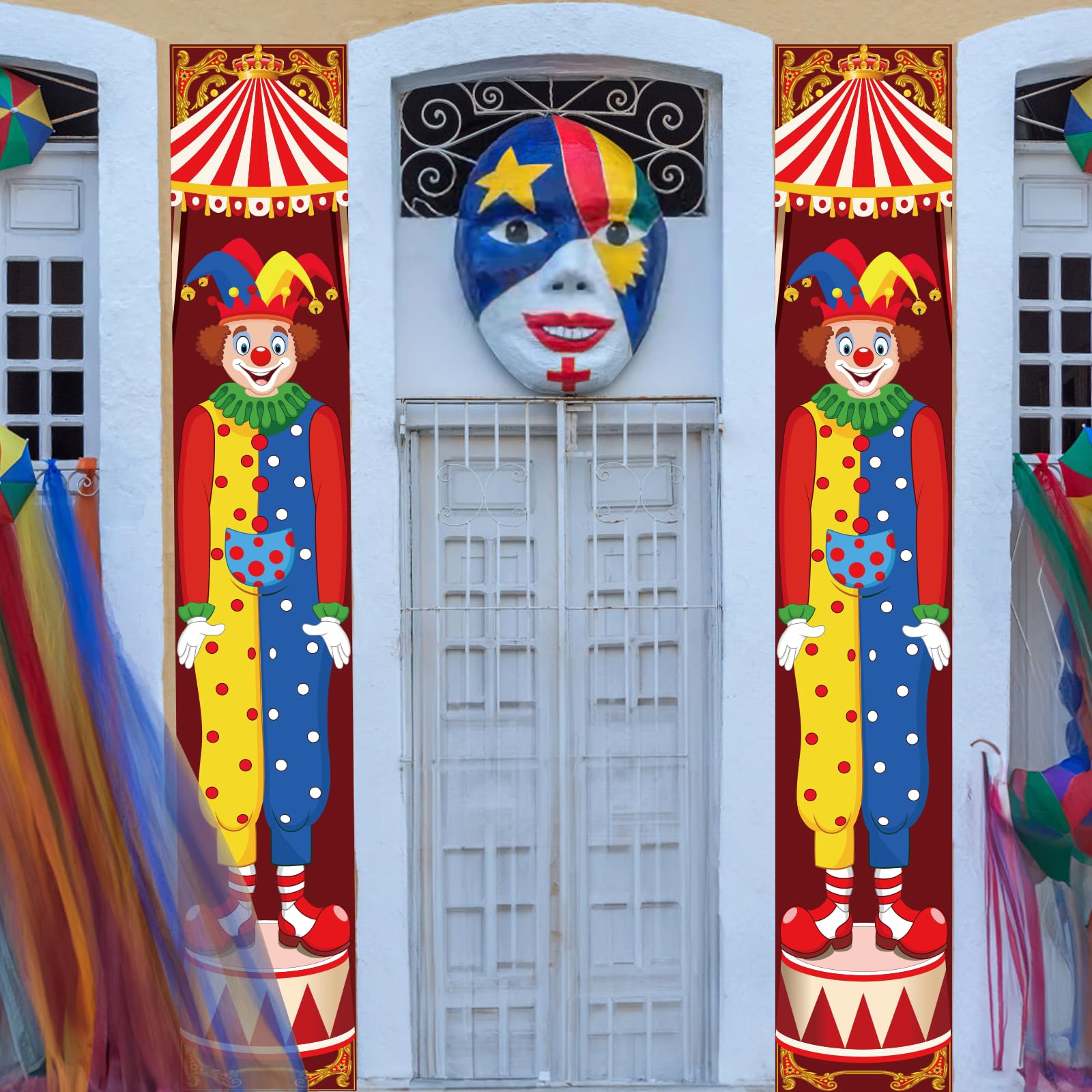 WEDNOK 2Pcs Clown Banner Carnival Photo Backdrop Door Banner for Birthday Party Circus Theme Photo Booth Indoor Outdoor Halloween Carnival Party Decorations