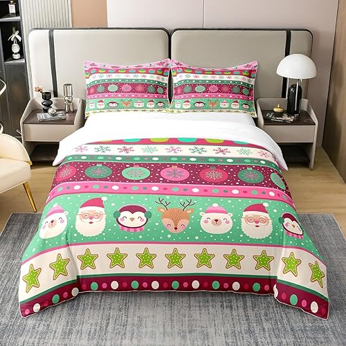 Erosebridal Juego de funda de edredón de Navidad 100% algodón, diseño de copos de nieve, Papá Noel, para niños y niñas, funda de edredón de pingüino