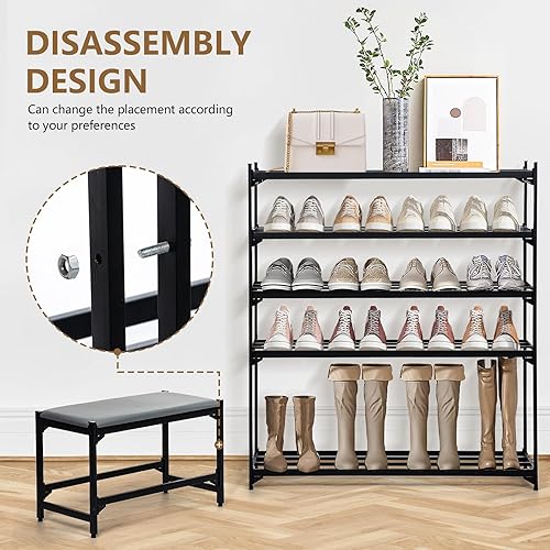 Miniatura 6 de AOHMPT Zapatero de 5 niveles con banco, estantes organizadores de zapatos que ahorran espacio, estante de zapatos con marco de metal negro con
