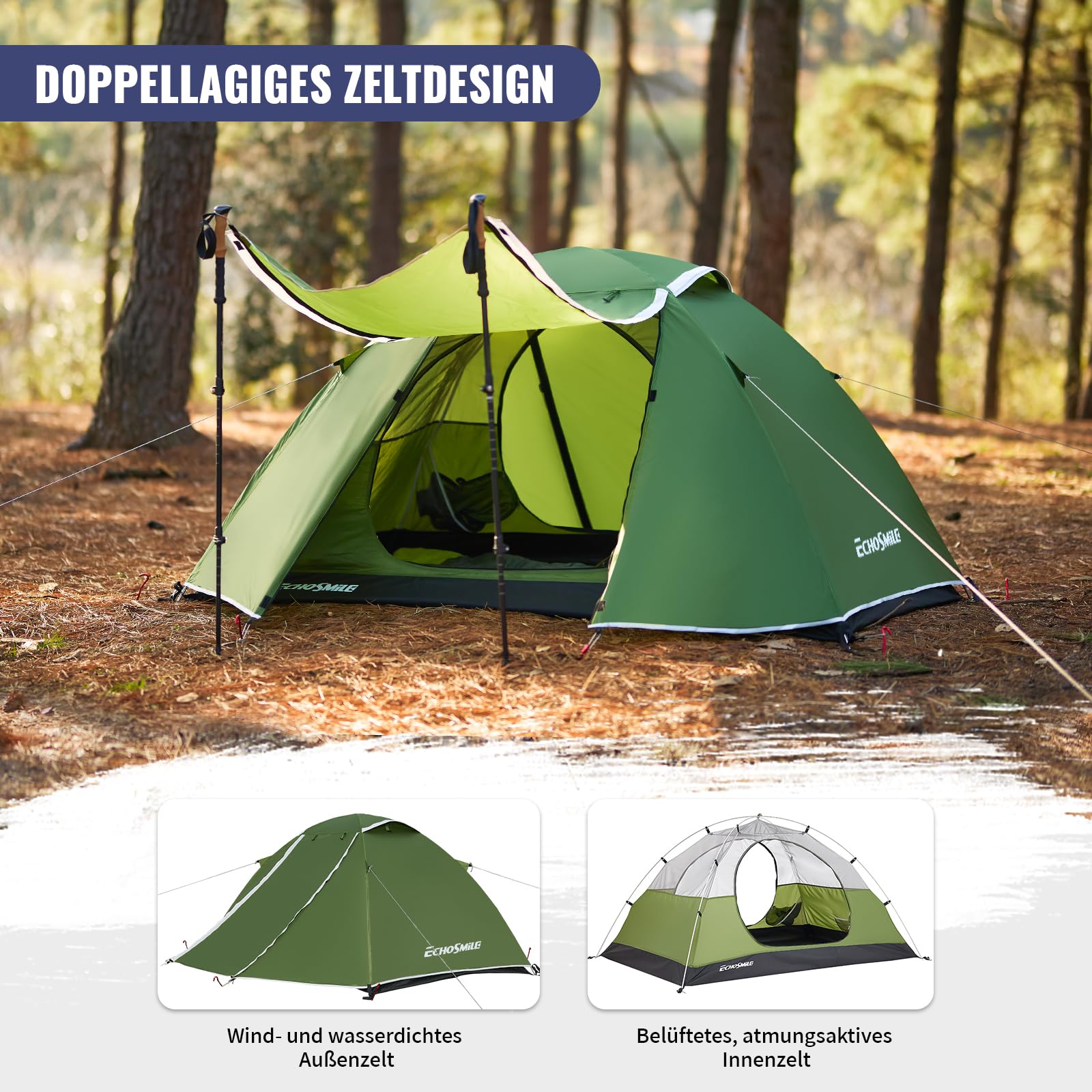 EchoSmile Zelt 2 Personen Wasserdichtes Kuppelzelt, Ultraleicht & Stabil Camping Tent, 3-4 Saison, Double-Layer Zelte mit Mesh-Türen, Tent für Trekking, Festival, Outdoor, Grün