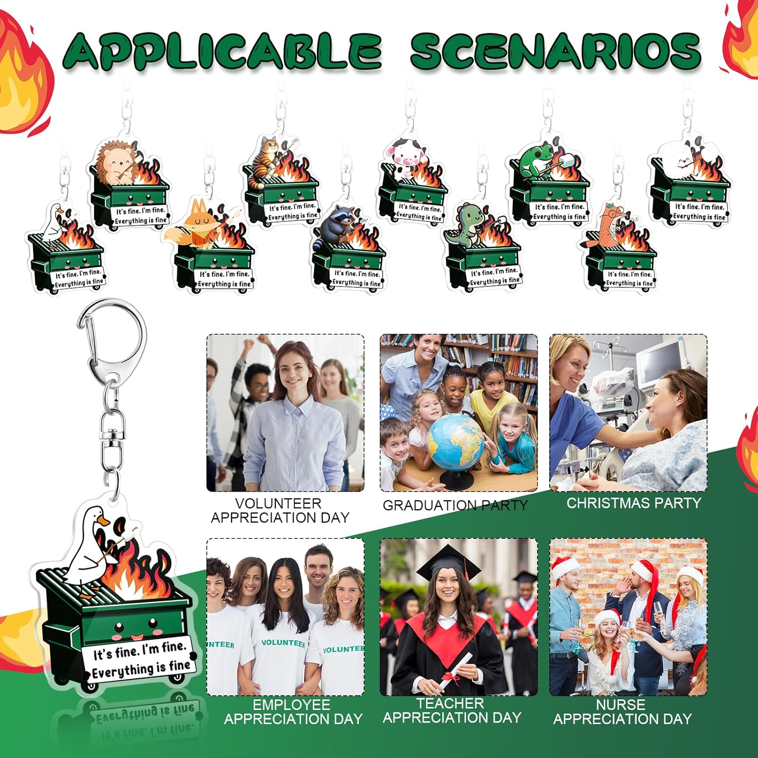 XunYee 10 Pcs Funny Dumpster Fire Response Team Appreciation Gifts Emotional Support Acrylic Animal Keychains for Coworker Nurse - Image 5