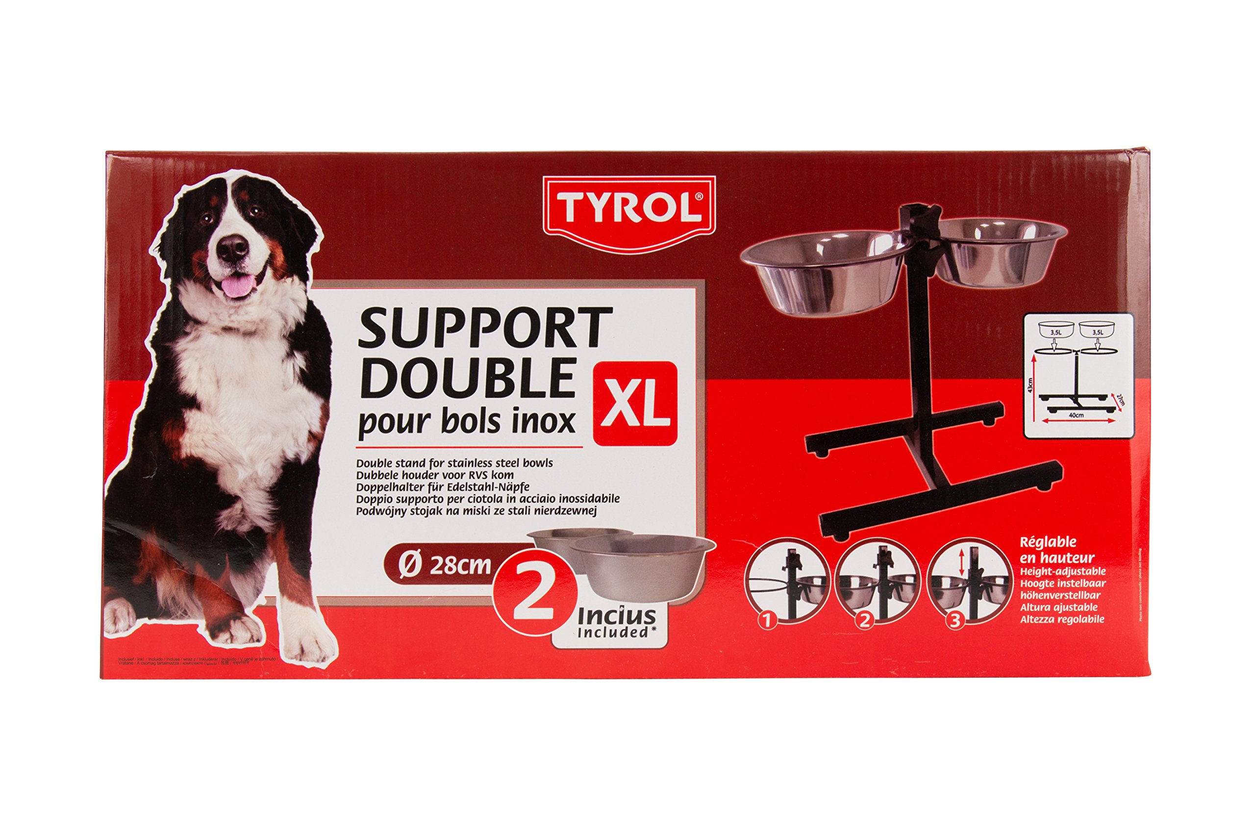 Tyrol Cuenco Doble Elevado/Soporte para Cuenco Ajustable en Altura/2 Cuencos de Acero Inoxidable, 28 cm, 4 Unidades