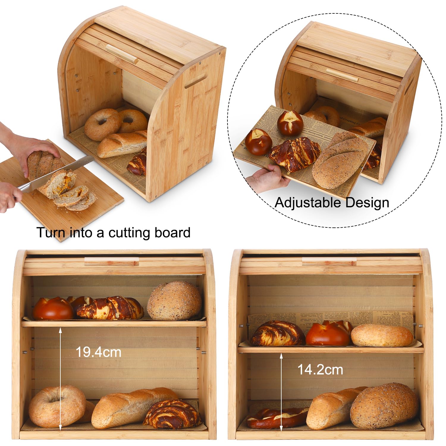 G.a HOMEFAVOR bambusowy chlebak / pojemnik na chleb z pokrywą na kółkach i z 2 przegródkami – wyjmowana przegródka, łatwy i szybki montaż – naturalne drewno – 38 cm x 25 cm x 36,8 cm