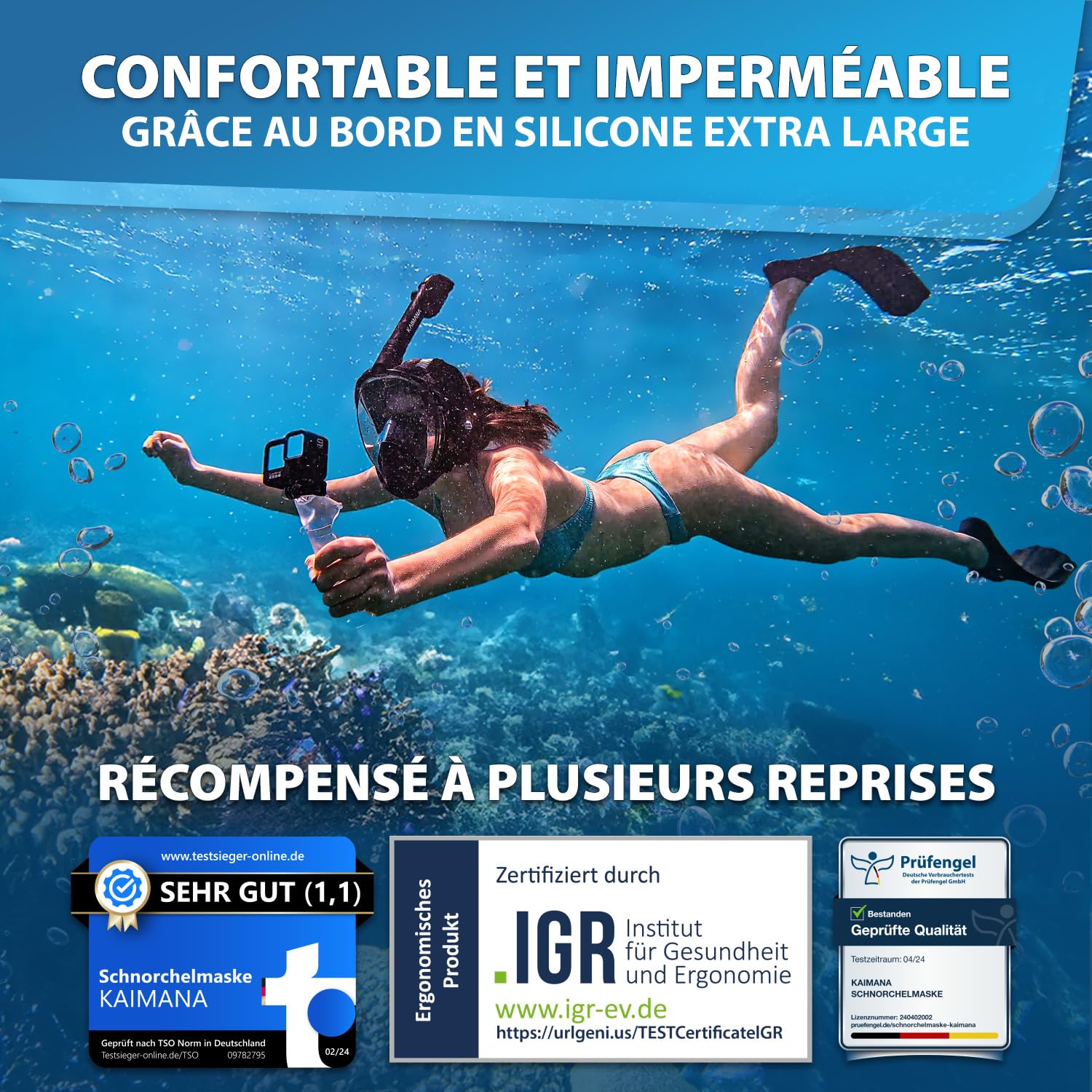 KAIMANA® Masque Plongée Adultes et Enfantes | Snorkeling Intégral Anti-Buée CO2 Safe | Tuba Adulte | Sac de Transport Inclus