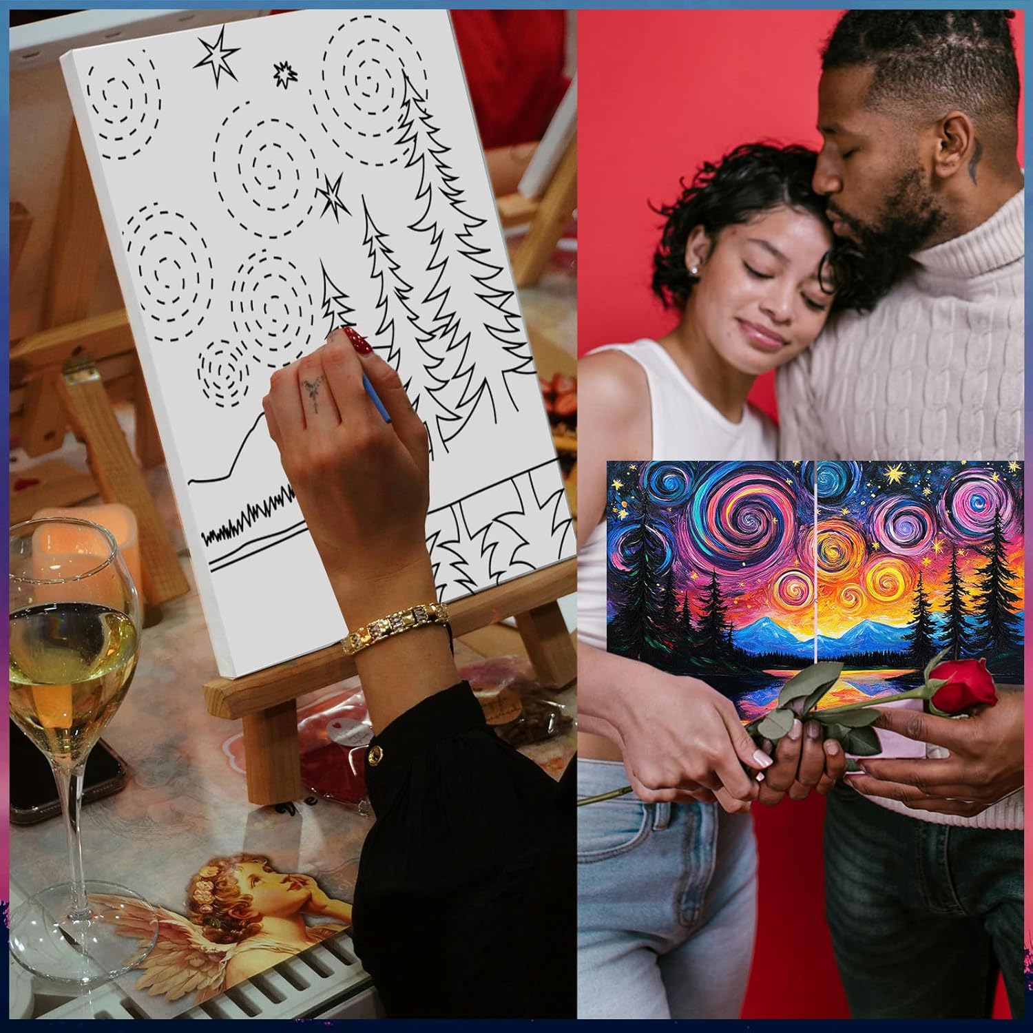 PAILIM 2 Pack Sip and Paint Kit for Adults Couples Painting Kit Pre Drawn Canvas to Paint at Home Date Night Party Favor Supplies Art Painting Set Couples Activity Starry 8x10
