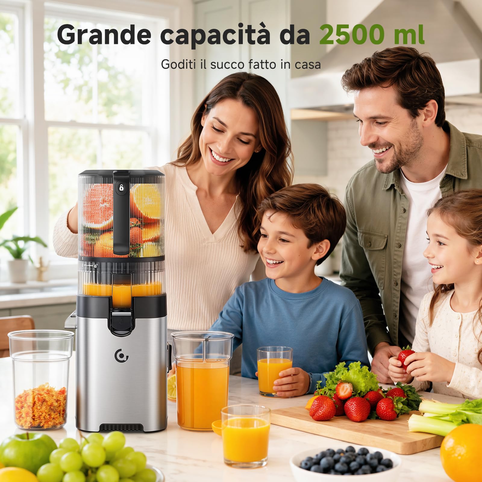 AMZCHEF Estrattore di Succo a Freddo, 158 mm Bocca Larga per Frutta e Verdura Intera, 2.5 L, Facile da Pulire, 2 Filtri per Succo e Gelato, per Famiglie, Genitori e Colazione