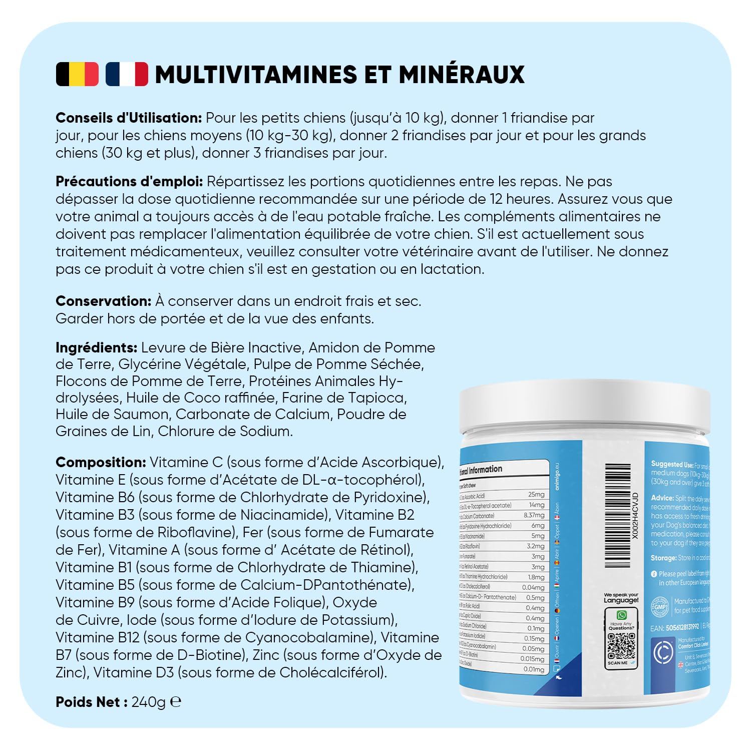 Animigo Vitamine pour Chien 18-en-1, Vitamine A B C D E, Fer, Zinc, Calcium, 120 Friandises pour Chien, Huile de Saumon, Graines de Lin - Friandises pour Toutes Tailles & Races, Fabriqué dans l'UE