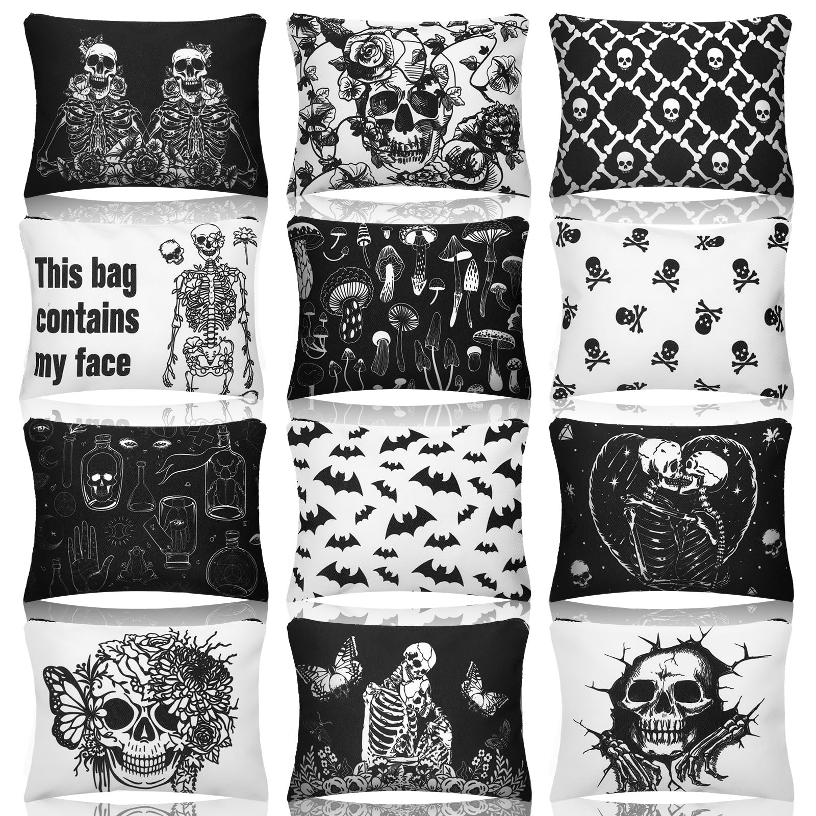 Kajaia 12 Pcs Gothic Skeleton Makeup Bags Cute Portable Travel Purse Toiletry Pocket Make up Organizer Storage Zipper Pouch Makeup Brush Cosmetic Bags