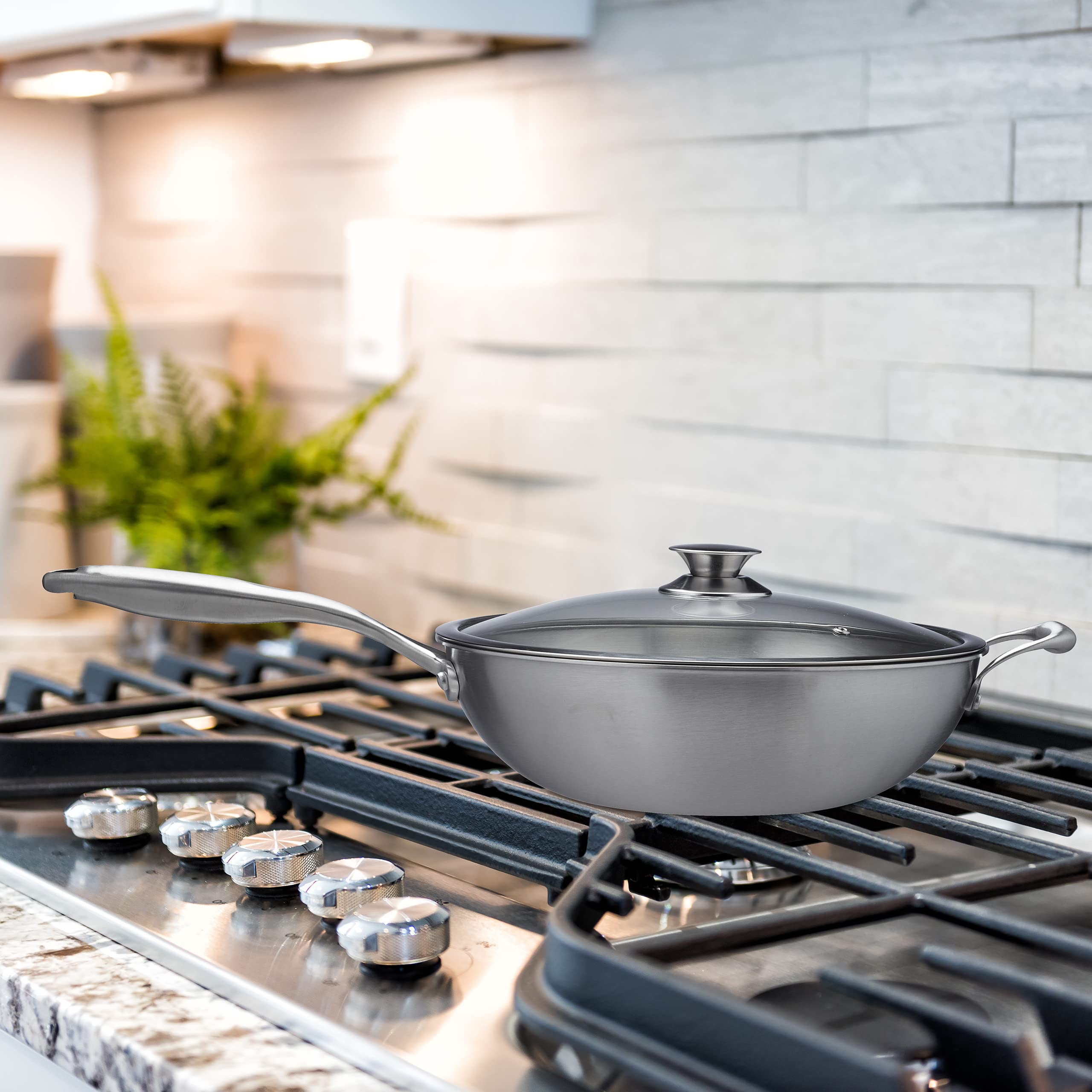Relaxdays Padella Wok, Ø 32 cm, Acciaio Inox Non Rivestito, Coperchio Vetro, per Fornello Elettrico e Induzione, Argento