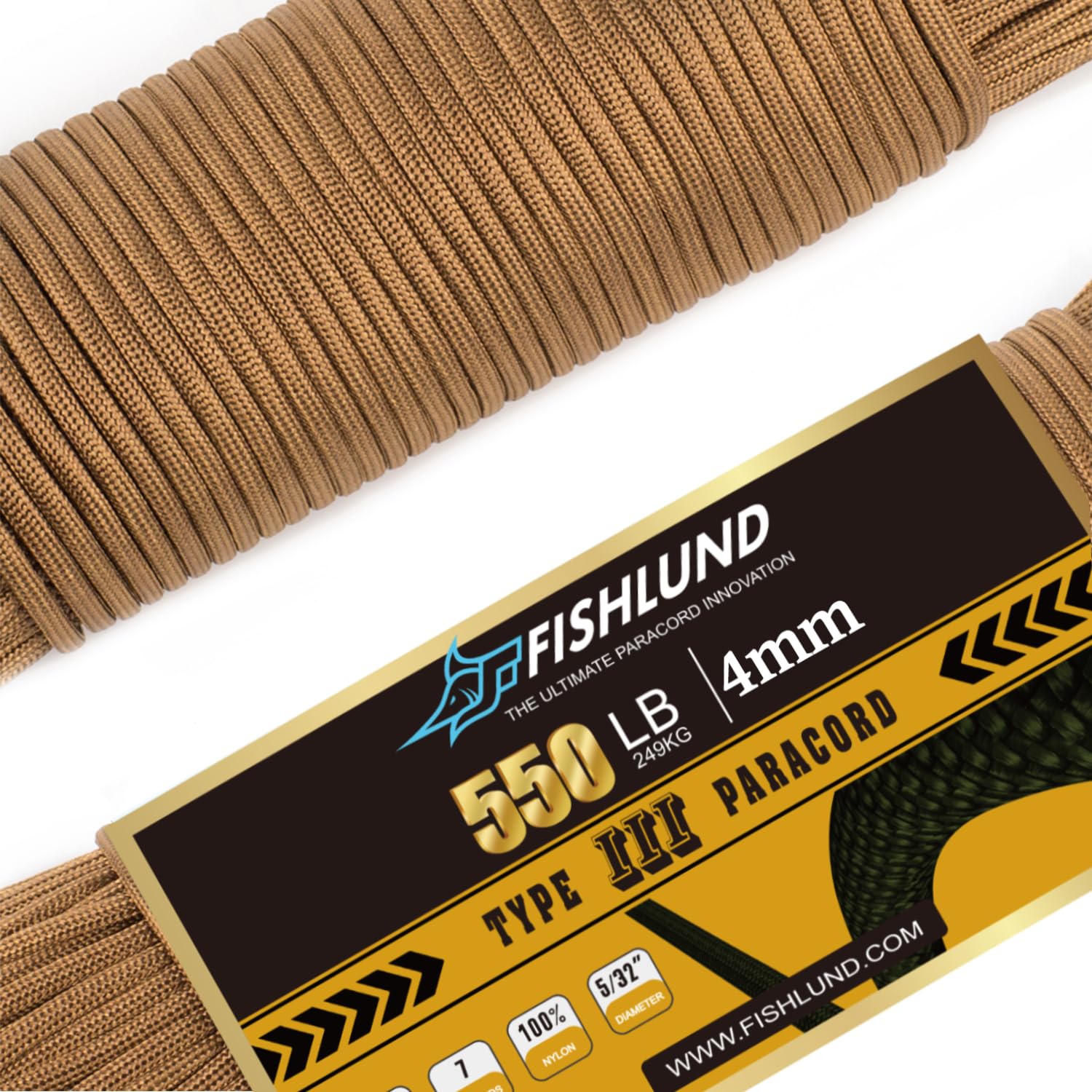 FISHLUND Paracord 550 lb, 7 Strand Paracord Rope 250ft 4mm, Nylon Parachute Cord for Camping, Coyote