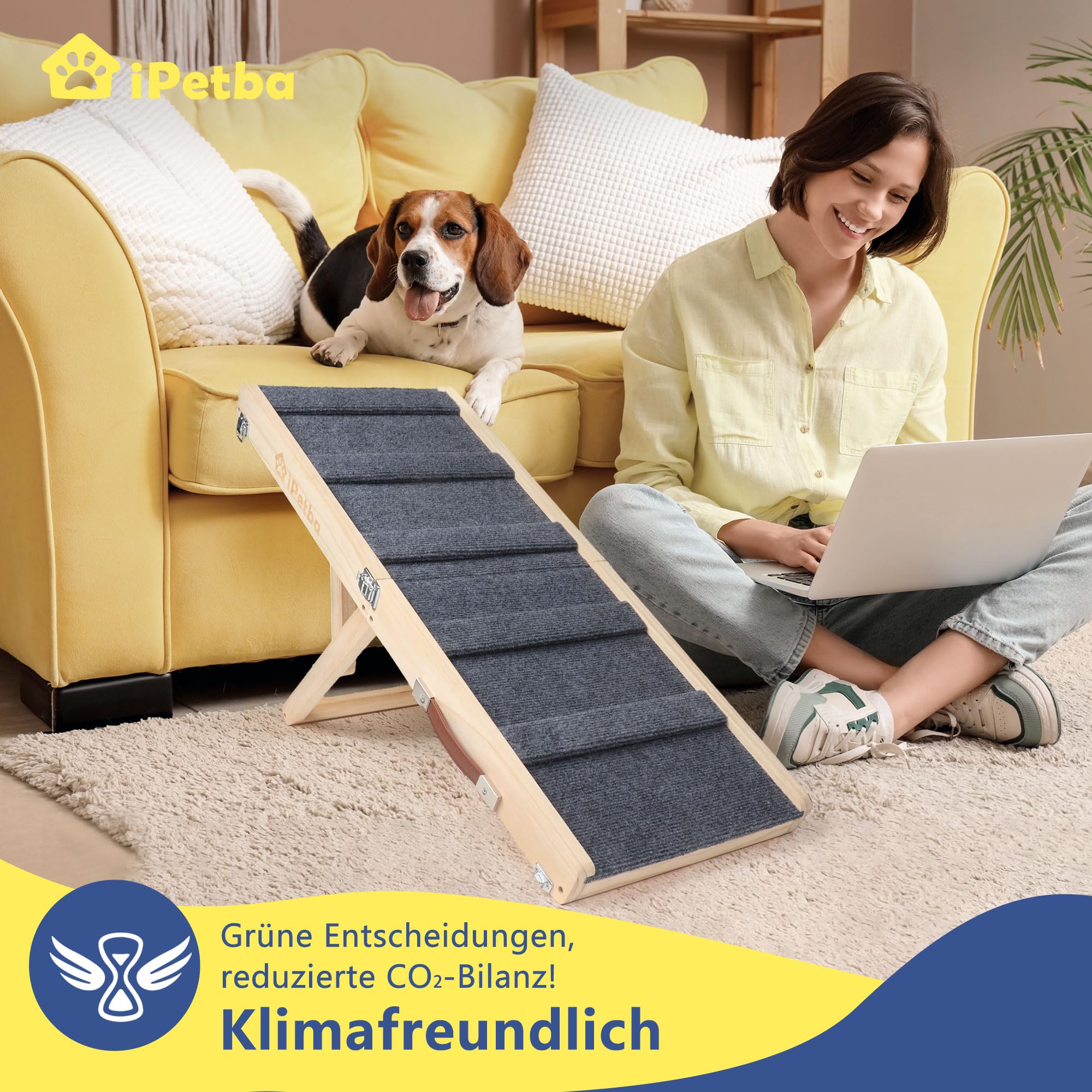 Hunderampe für Sofa und kleine Hunde bis 16 kg, Rampe für Couch und niedrige Möbel, aus Holz, höhenverstellbar, klappbar, rutschfest