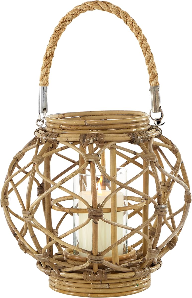 Deco 79 Round Brown Woven Rattan Lantern with Burlap Jute Rope Handle and Glass Insert, 13” x 10.5”