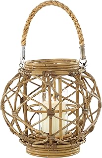 Deco 79 Round Brown Woven Rattan Lantern with Burlap Jute Rope Handle and Glass Insert, 13” x 10.5”