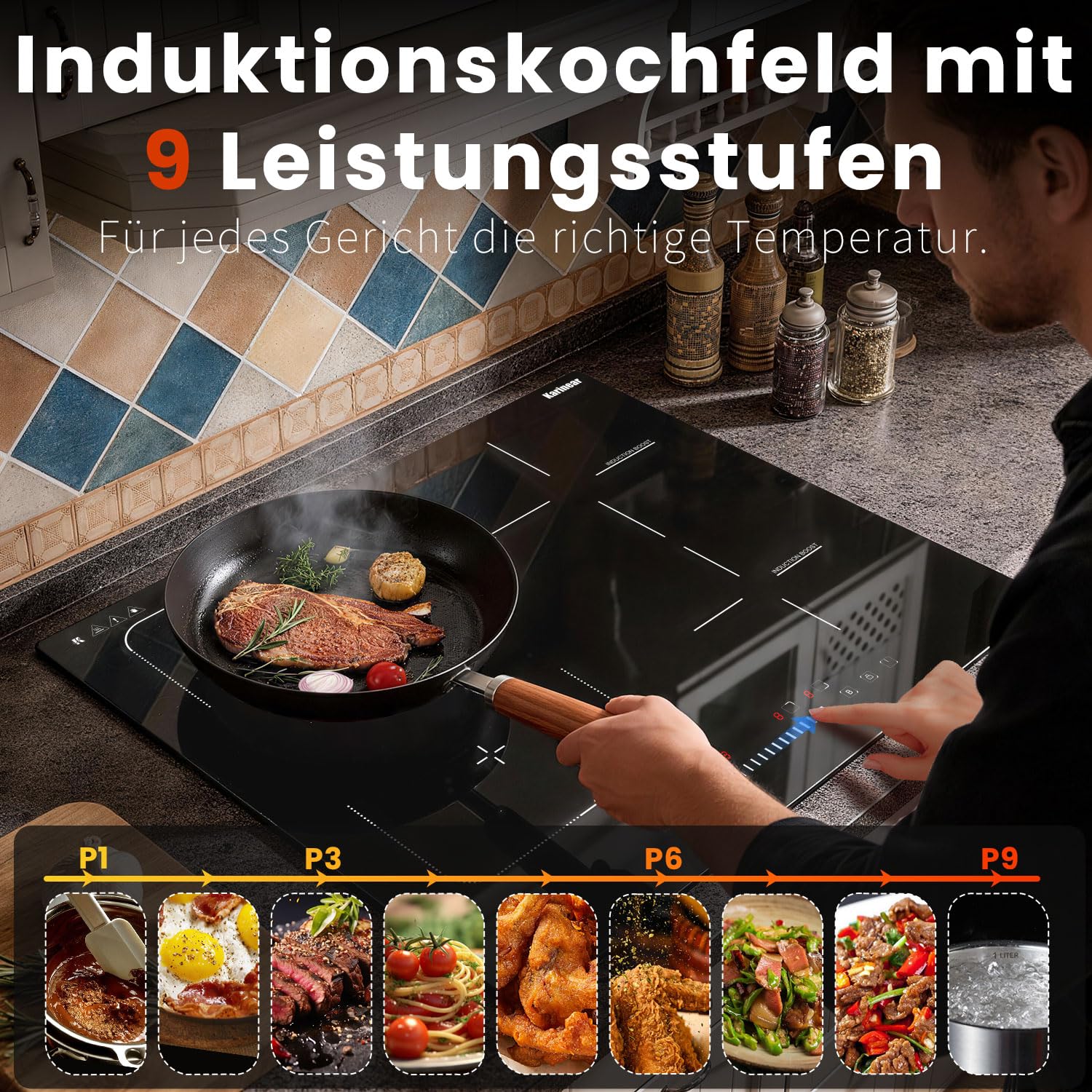 Karinear Induktionskochfeld 60 cm, 4 Platten 7200W, Flex Zone, Boost | Slider-Touch, Autark Induktionskochfeld 60 cm, Kochfeld Induktion mit FlexZone, Boost, Timer, Sicherheitsfunktionen, 240V