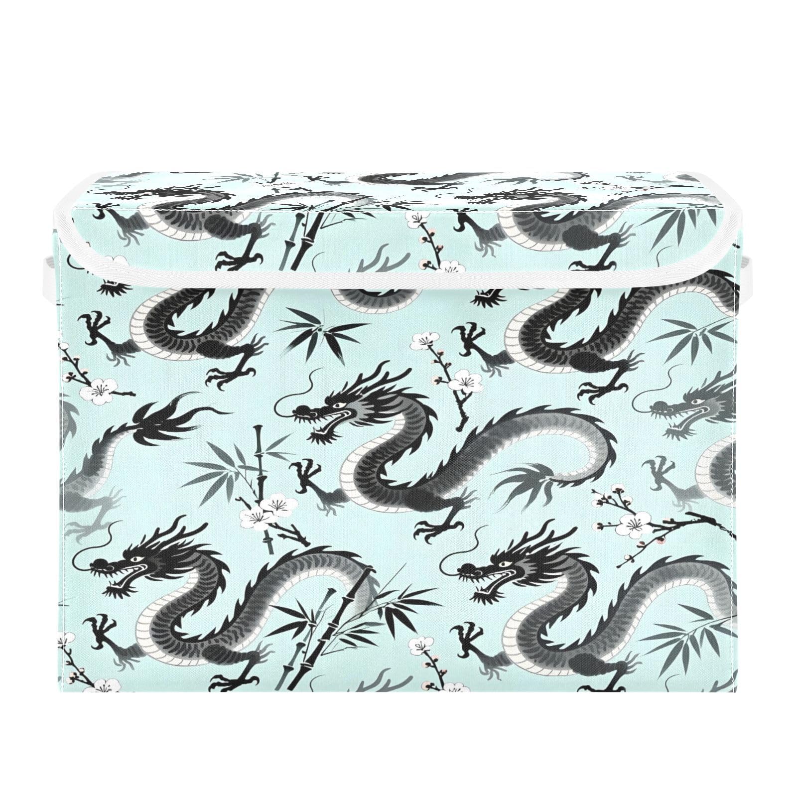Ewusp Dragon Fabric Storage Bin with Lid, Decorative Foldable Storage Basket with Handles, Stackable Closet Shelf Organiser Box for Clothes, Books, Bedroom, Living Room