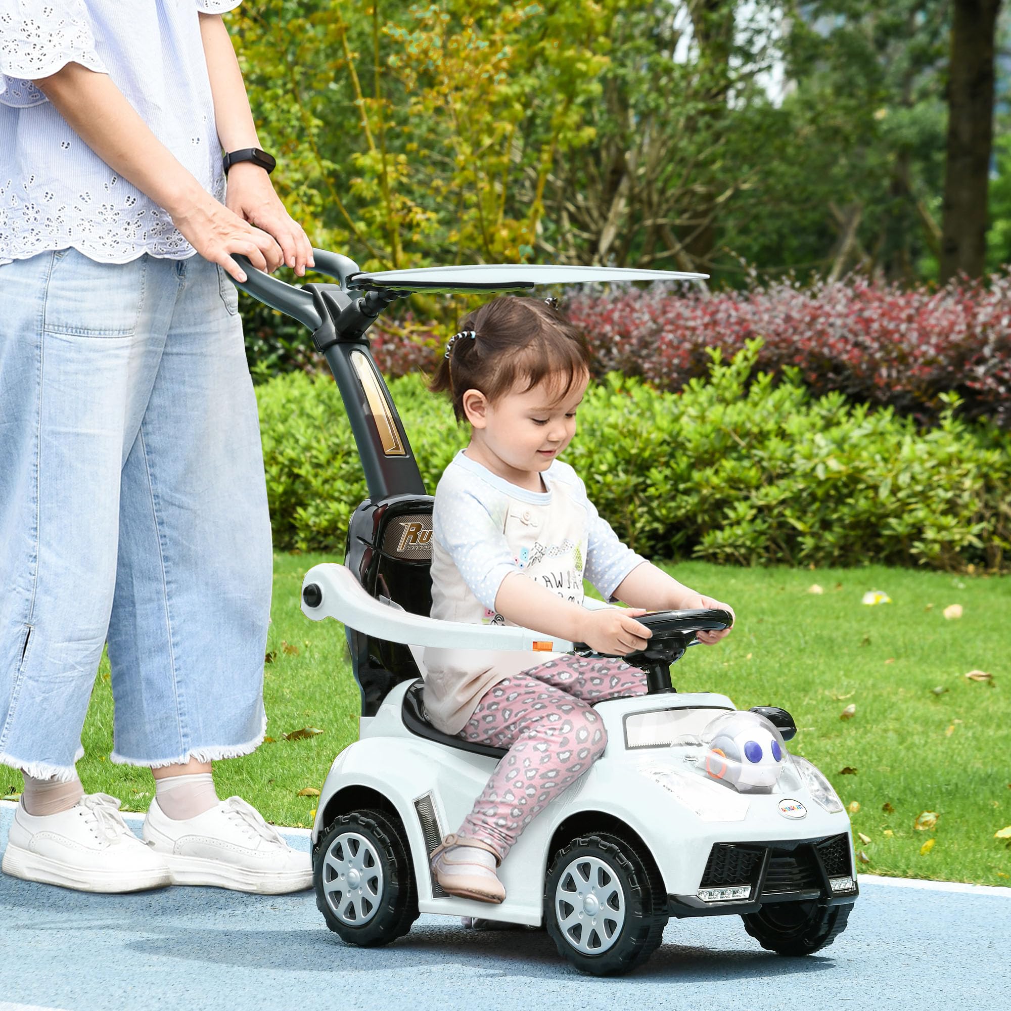 AIYAPLAY Rutschauto Rutscher Kinderauto Kinderfahrzeug Schub- und Haltestange mit Rückenlehne Schutzbügel, Lauflernhilfe für Kinder 12-36 Monate Weiß+Schwarz