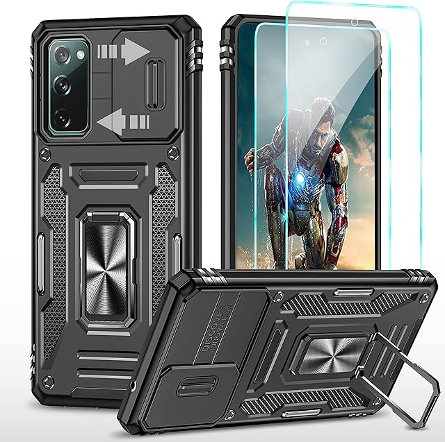 YmhxcY Samsung Galaxy S20 FE 5G Case,Sliding camera protective cover, explosion-proof film 2 piecesMilitary Grade Protective360°Metal Rotate Ring Stand Magnetic Cover for Samsung S20 FE 5G-Black