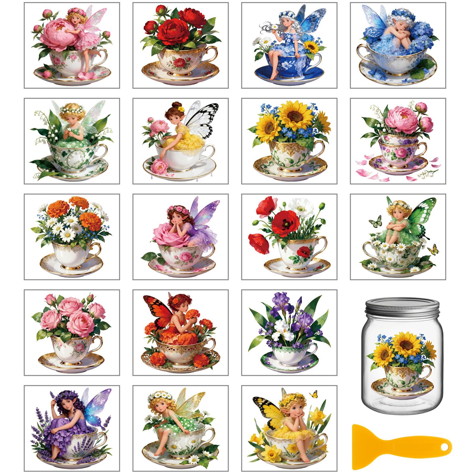GLOBLELAND 18 Sheets Teacup Fairy Transfer Stickers 3.9x3.6inch Flowers Elf Rub on Transfer Stickers Colorful Decal for Furniture Vase Glass Mason Jar Decorations Art Crafts โ image 1