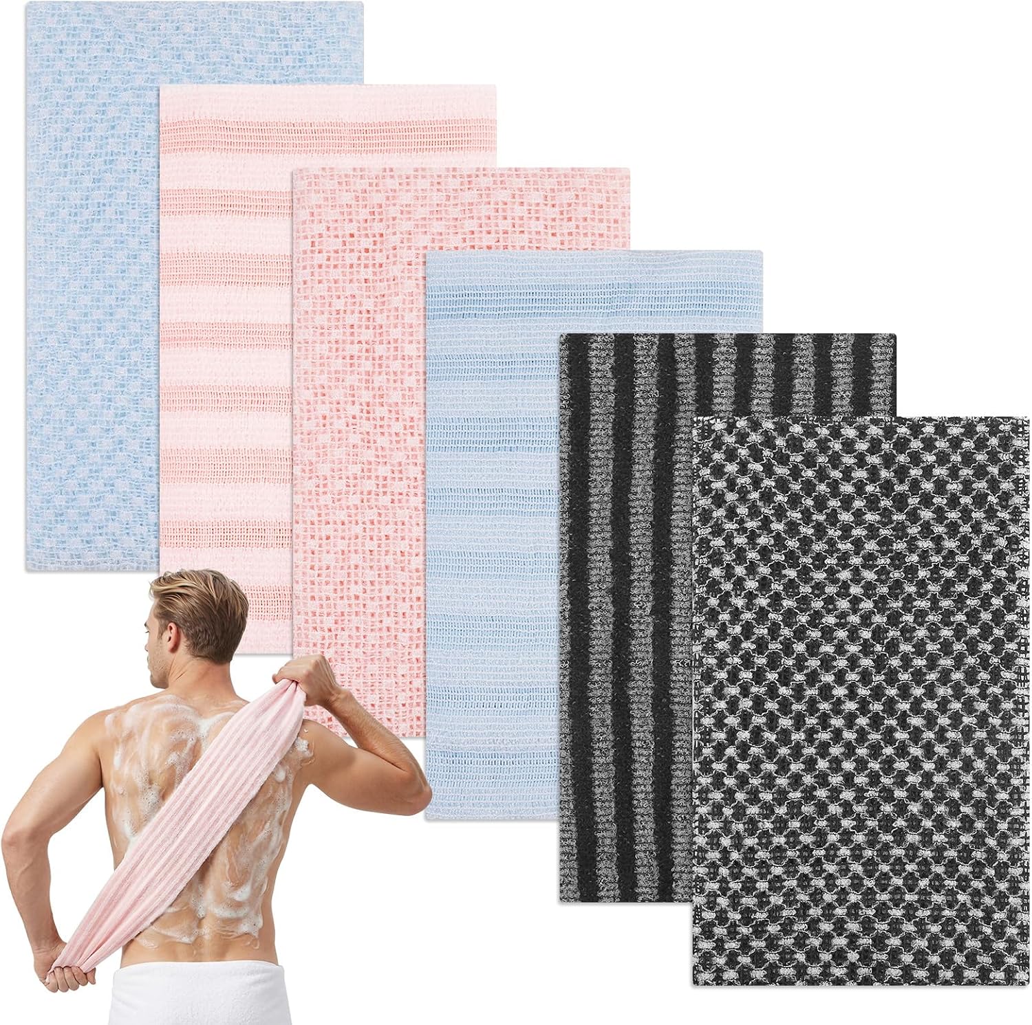 6 sztuk ręcznik do peelingu prysznicowego, bardzo długi 100 cm, antybakteryjny ręcznik do peelingu pod prysznic, czyszczenie pleców i martwej skóry (3 kolory)
