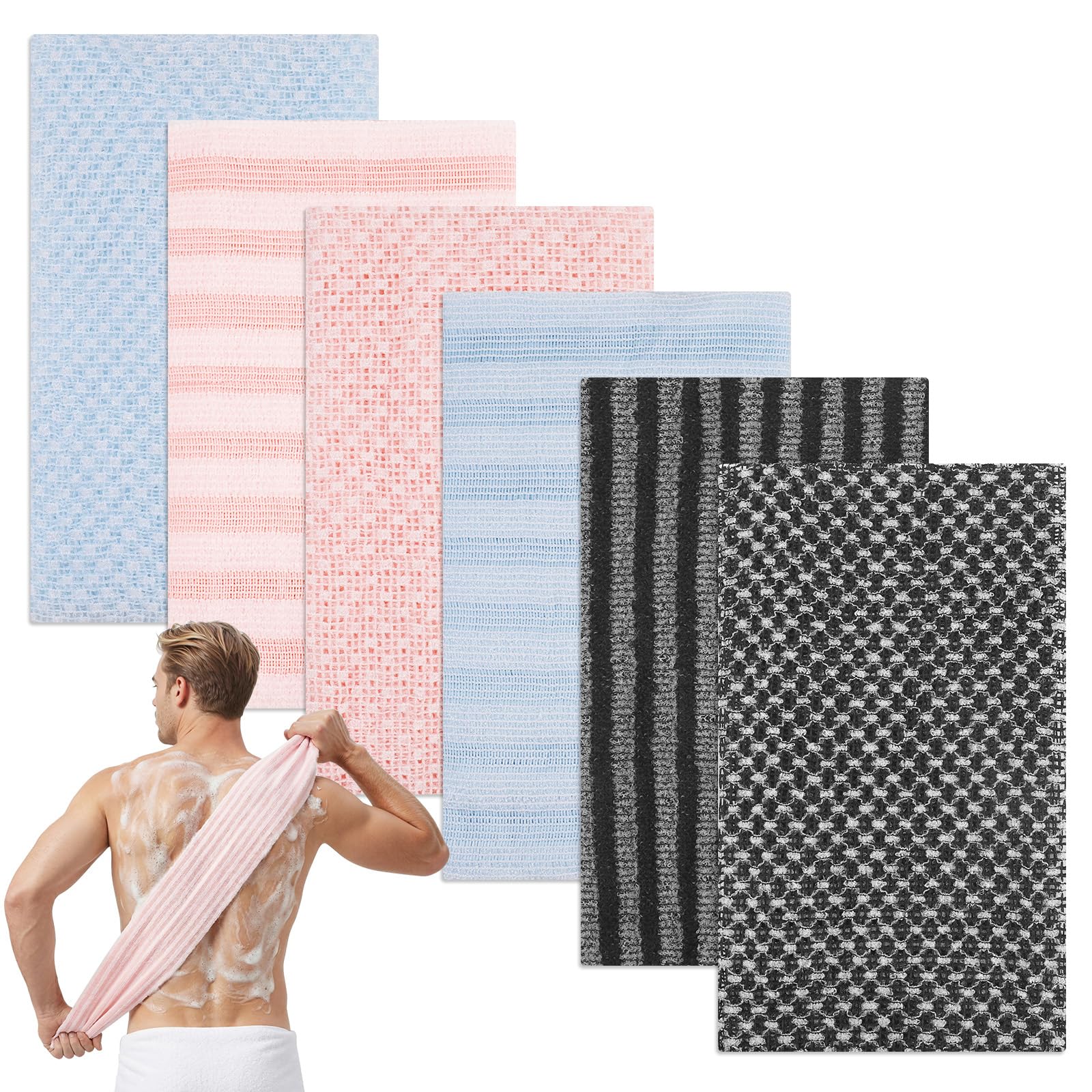 6 sztuk ręcznik do peelingu prysznicowego, bardzo długi 100 cm, antybakteryjny ręcznik do peelingu pod prysznic, czyszczenie pleców i martwej skóry (3 kolory)
