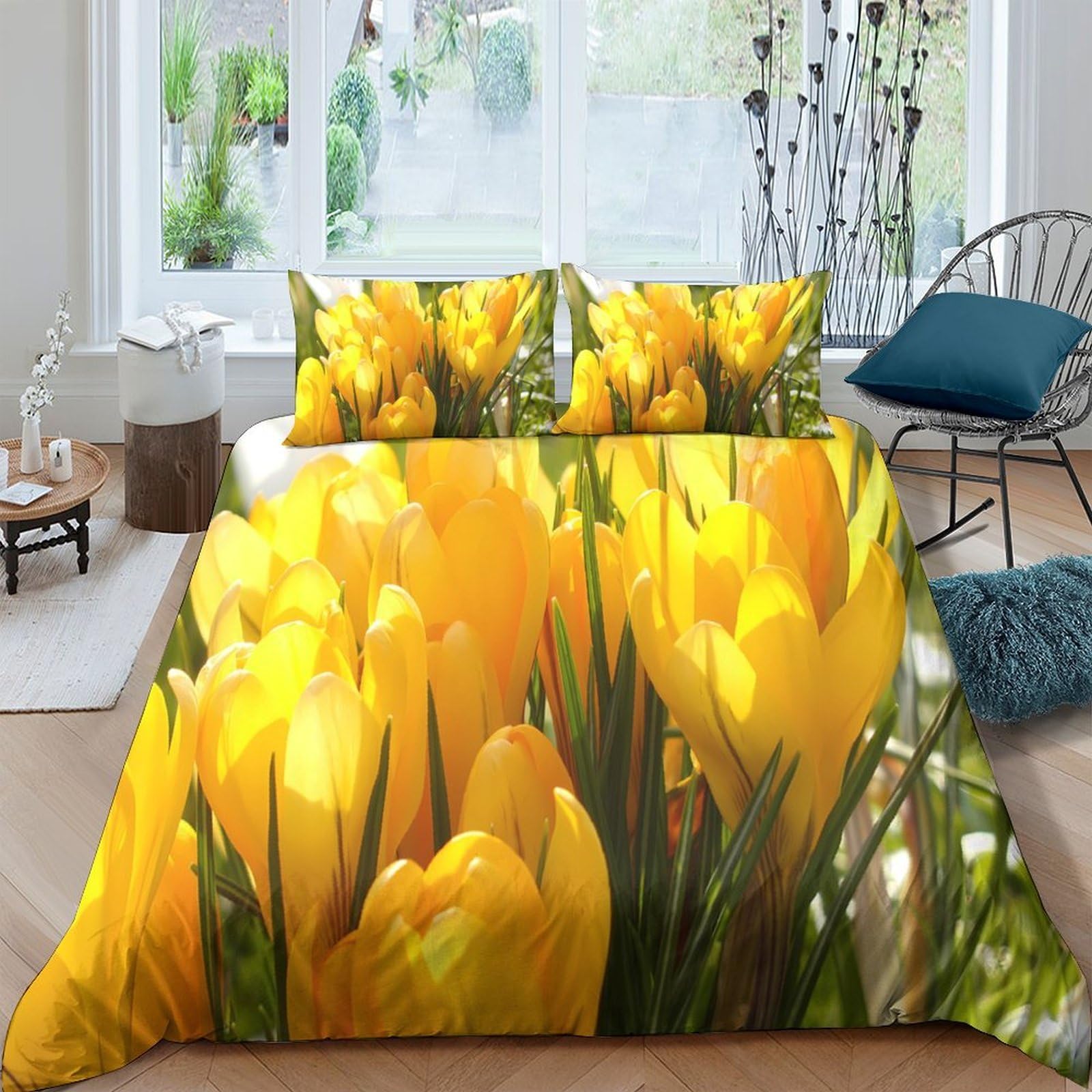 XFKLYNVCJ 3D Printed Crocus Flowers Duvet Cover Microfiber Spring Garden Bloom Comforter Cover Stain Resistant Fade Resistant Hypoallergenic No Iron for Guest Room Daily Use King（220x240cm）