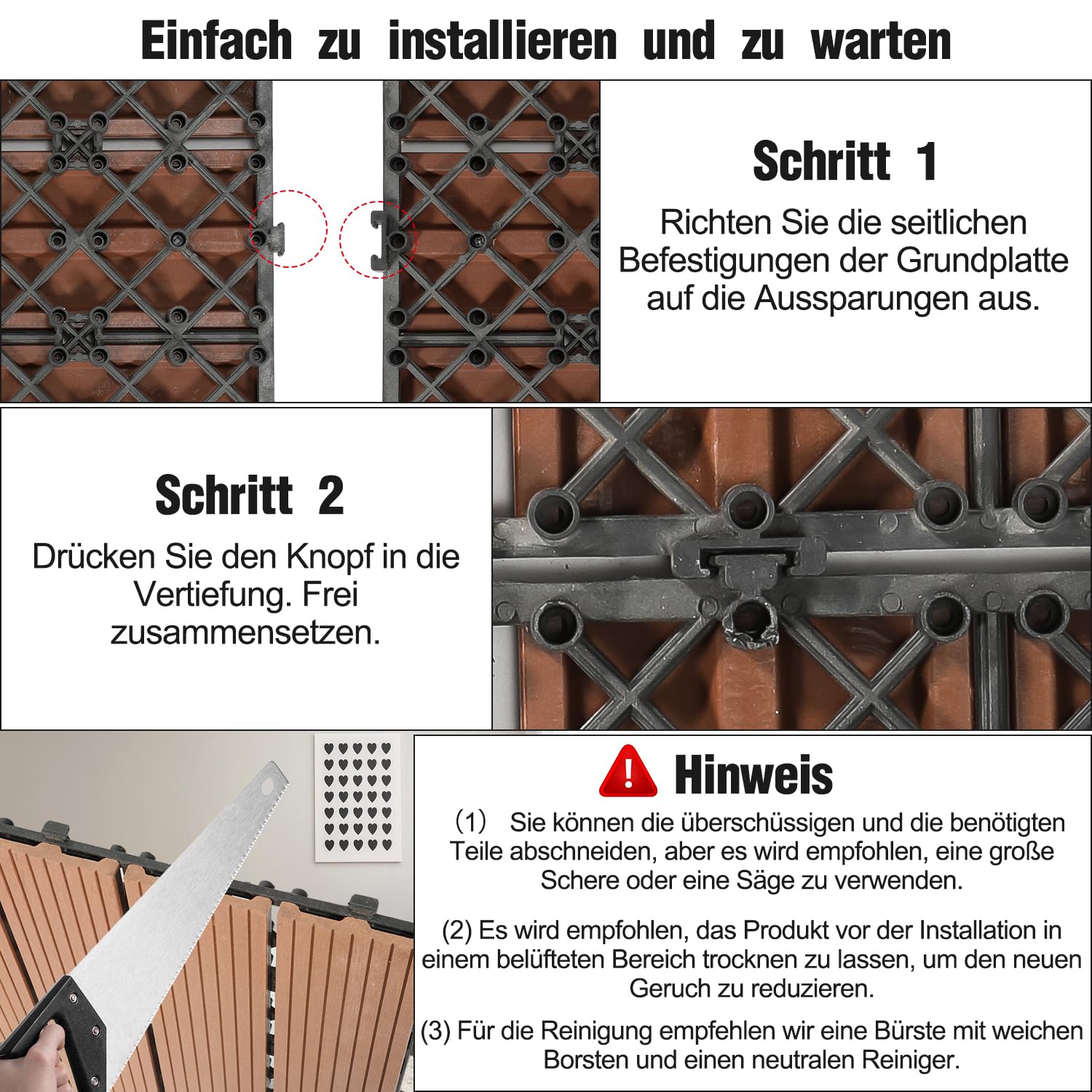 Terrassen-Fliese 30x30x2 cm WPC Kunststoff 55er Spar Set für 5m², Holzfliesen Wetterfest Schwimmbad Badezimmer Terrasse Garten Balkonbodenbeläge, Braun