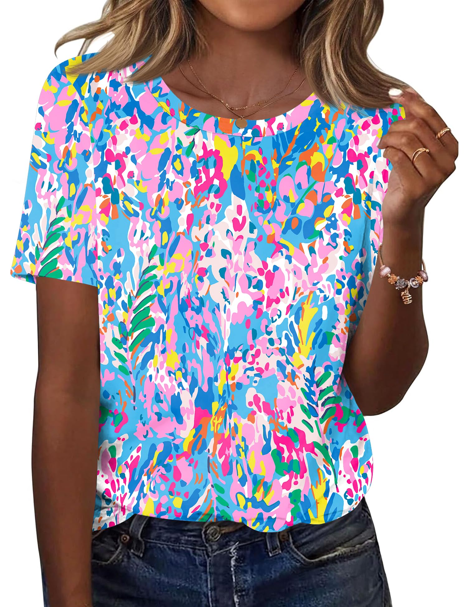 TCOT Women's Tops Summer Short Sleeve Crew Neck Shirts Dressy Casual Blouses for Women S-3XL