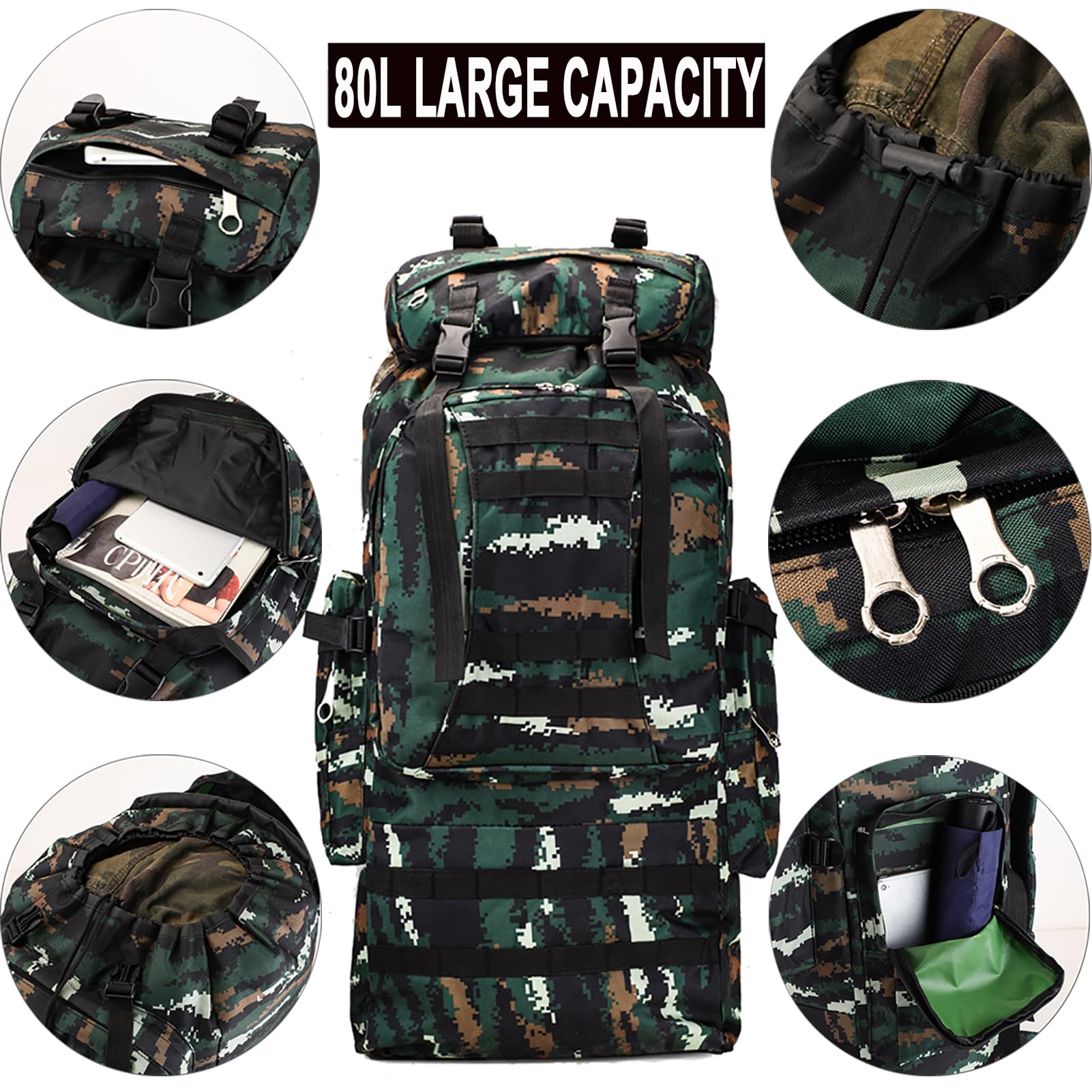 Wanderrucksack 80L - 100L Wandern Rucksack Herren Damen Wasserdichter Trekkingrucksack großer Reiserucksack Abnehmbare Outdoor Molle Taktischer Rucksack Für Bergsteigen Camping Reisen,Schwarz