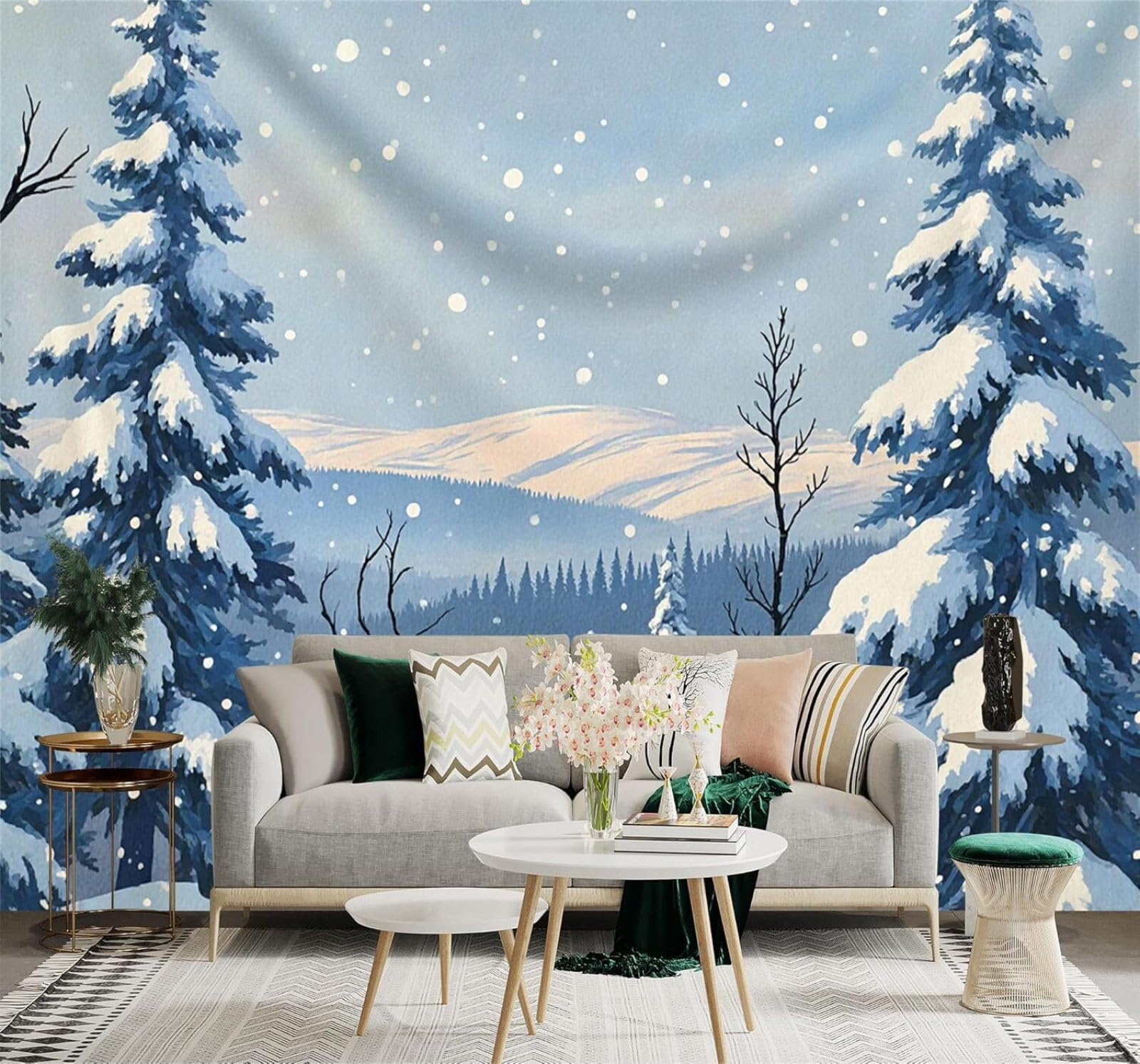 XLMING Winter Mountains Pine Trees Forest Falling Snowflakes 3D Wallpaper Silky Texture Home Study Office Grey Dining Room Sofa Bedroom Living Room TV Backdrop-350cm×256cm