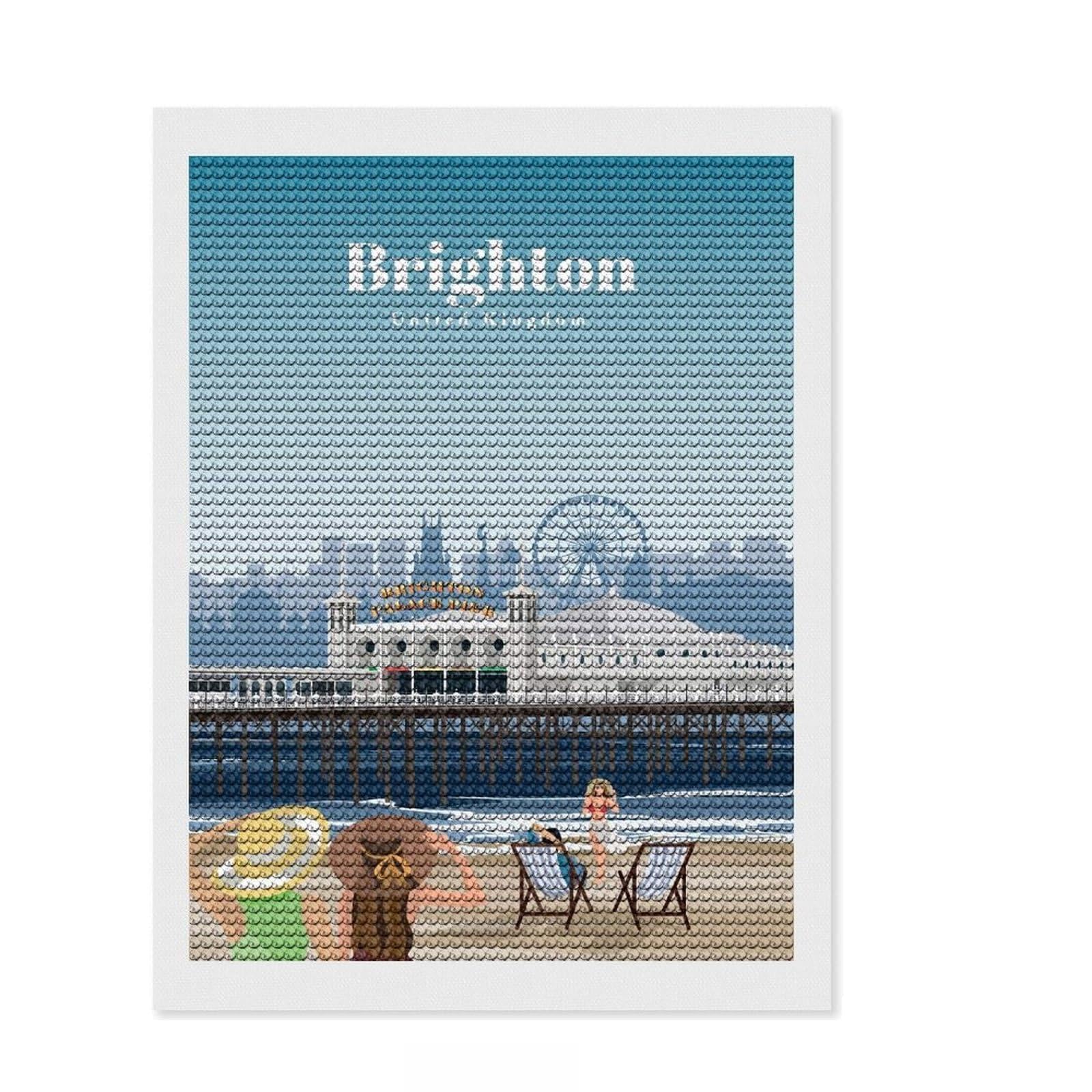 Junmoney Travel to Brighton Diamond Art Canvas 12"x16", Adhesive Canvas, Calming Craft to Unwind, Boho Decor, Birthday Gift, Easy to Enjoy