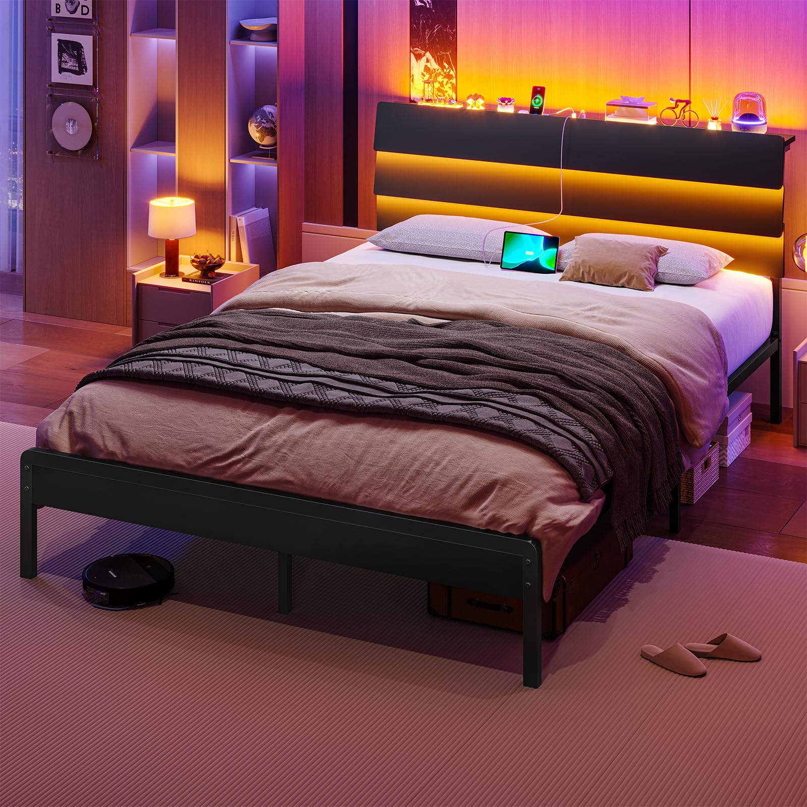KIMENICH Lit 140x200 avec Sommier Métal, Lit Double avec 3 Rubans LED Réglables et Multiprise, Cadre de Lits avec Étagère Ouverte et Rangement sous Le Sommier 140x200, sans Matelas, Noir