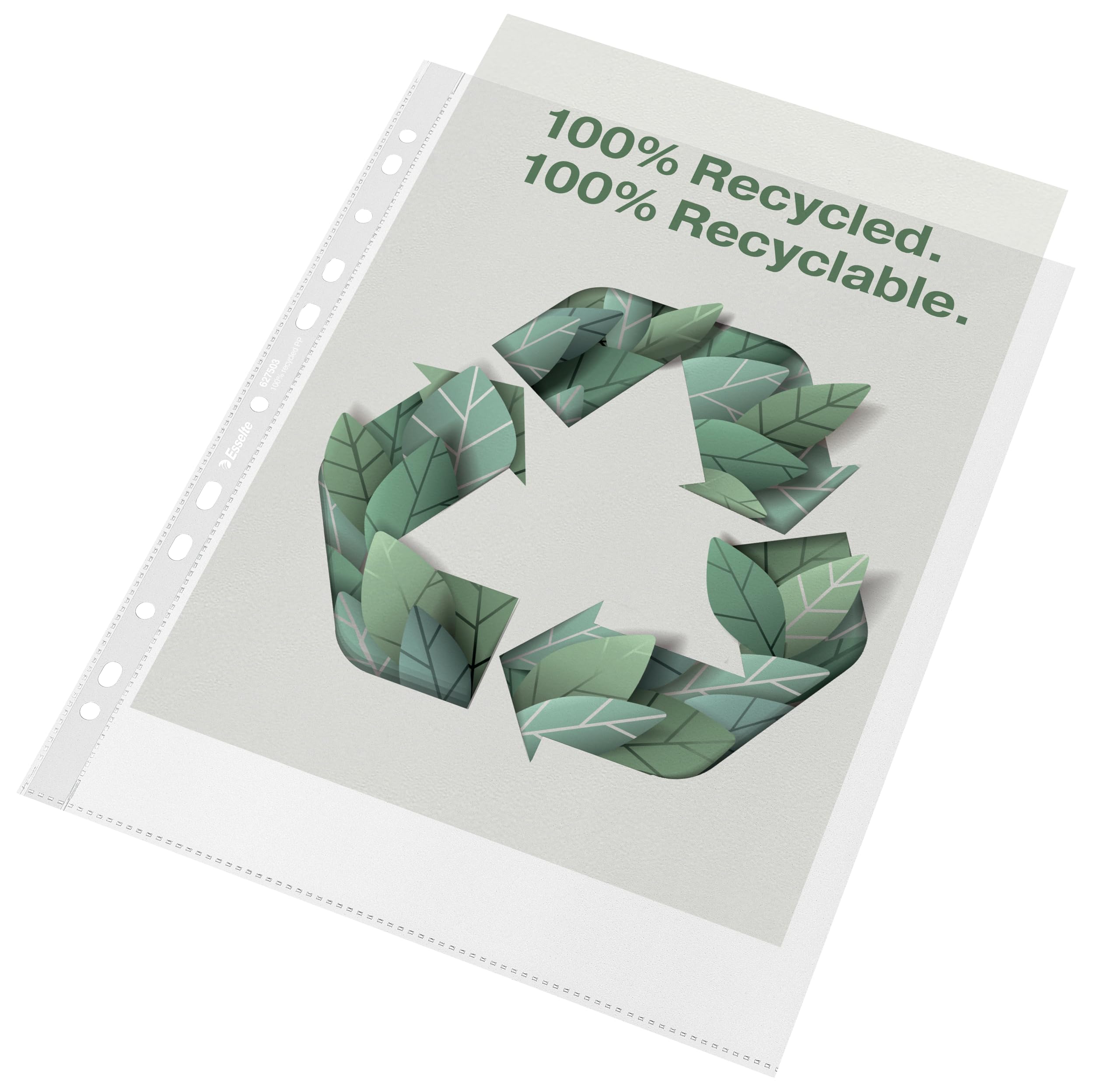 Esselte Buste Perforate Riciclate DeLuxe in PPL Antiriflesso, per Archiviare Documenti in Formato 22x30 cm, Confezione da 100 Buste Perforate in Plastica Riciclata al 100% e Antiriflesso, 627503