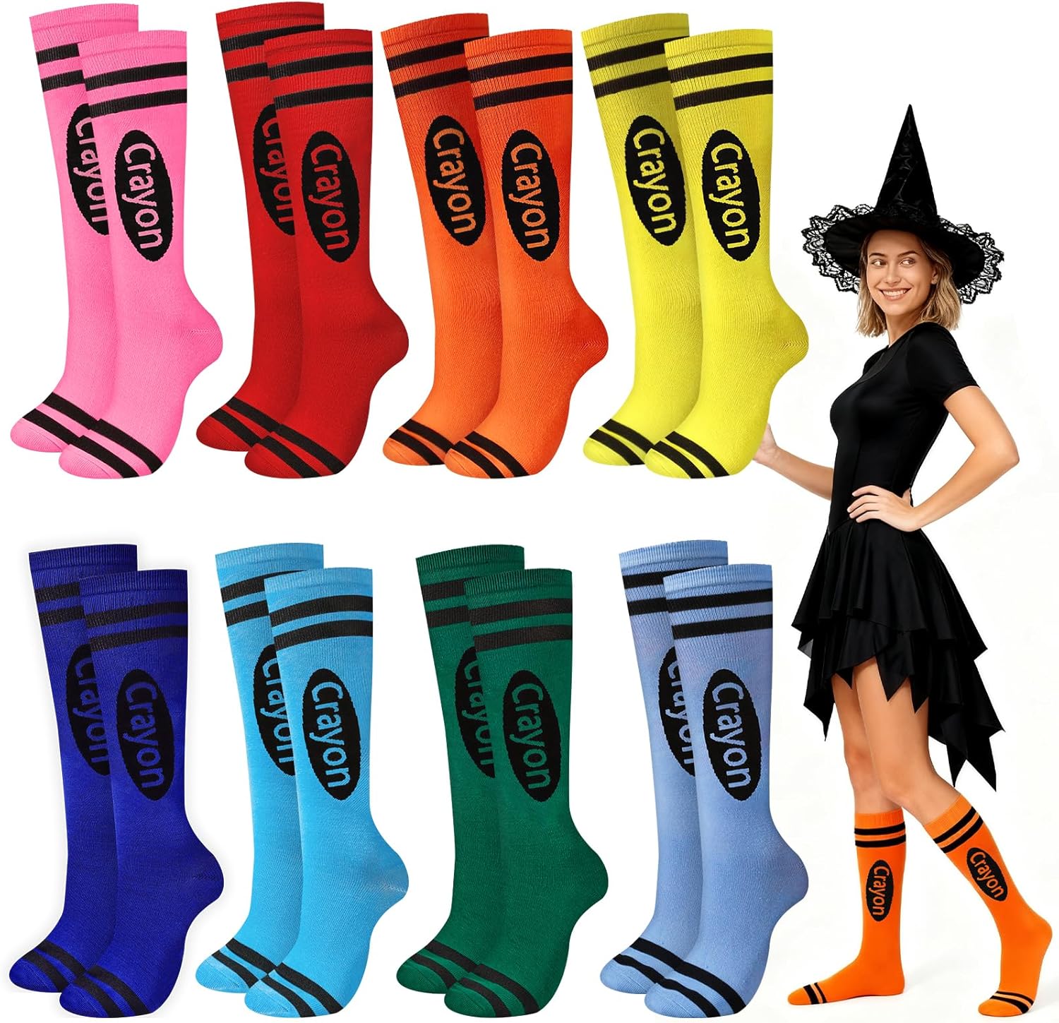 4/8 Pairs Halloween Crayon Socks Colorful Striped Thigh High Stockings Pencil Socks for Girls Women