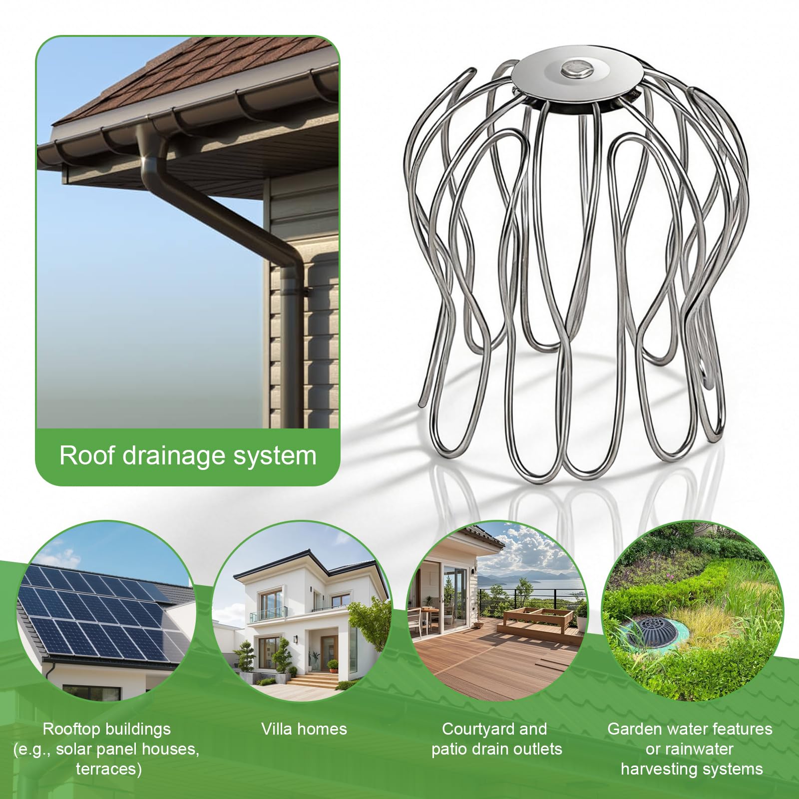 efuturetime 4X Protezione per Grondaie in Acciaio Inossidabile, Protezioni per Pluviali Ø 70-100mm Regolabili Scarico Rapido dell'Acqua Riutilizzabile per Tubi di Scarico, Grondaia in PVC