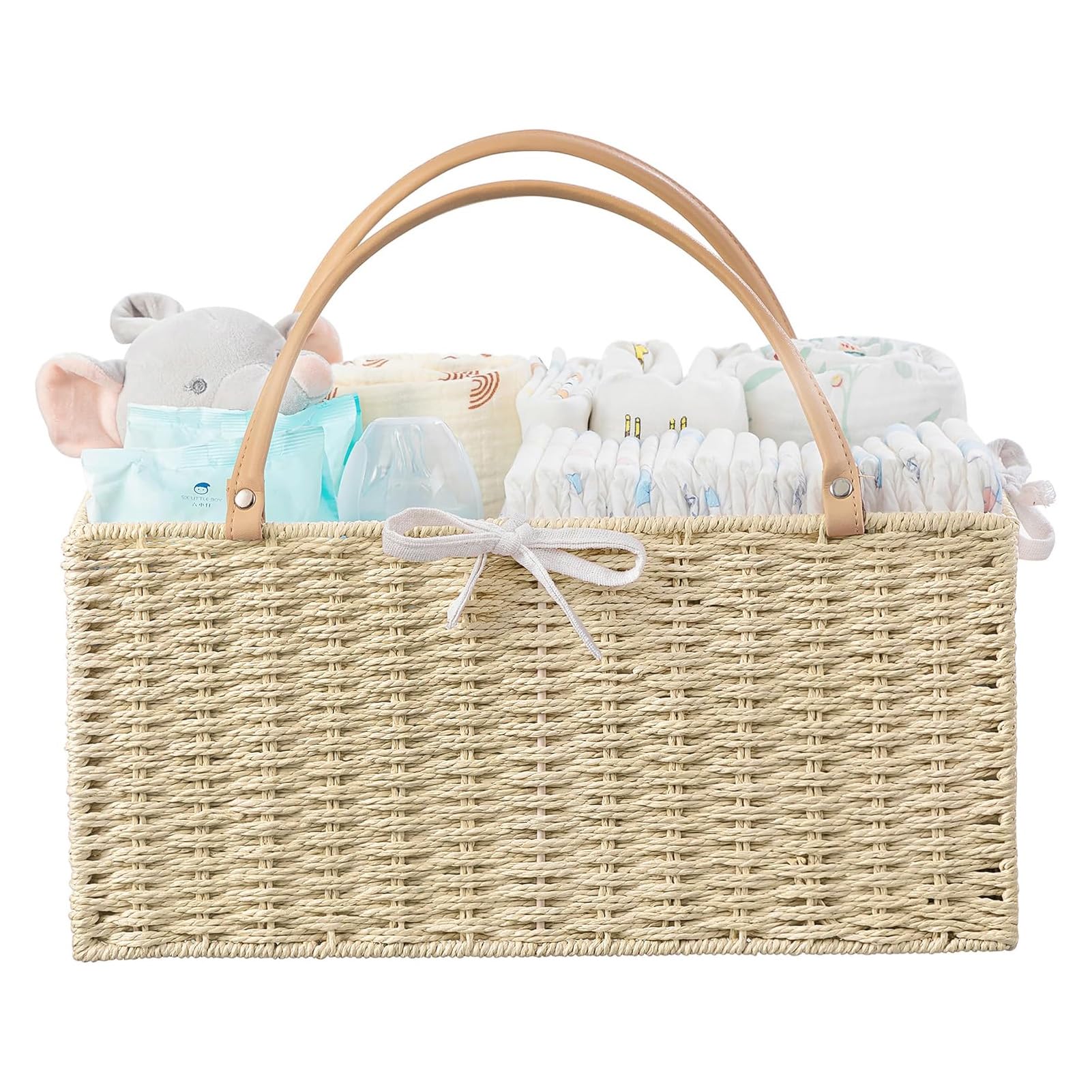 HBlife Large Baby Diaper Caddy Organizer, Paper Rope Storage Baskets Nursery Bin with Removable Divider, Portable Car Organizer for Diapers, Baby