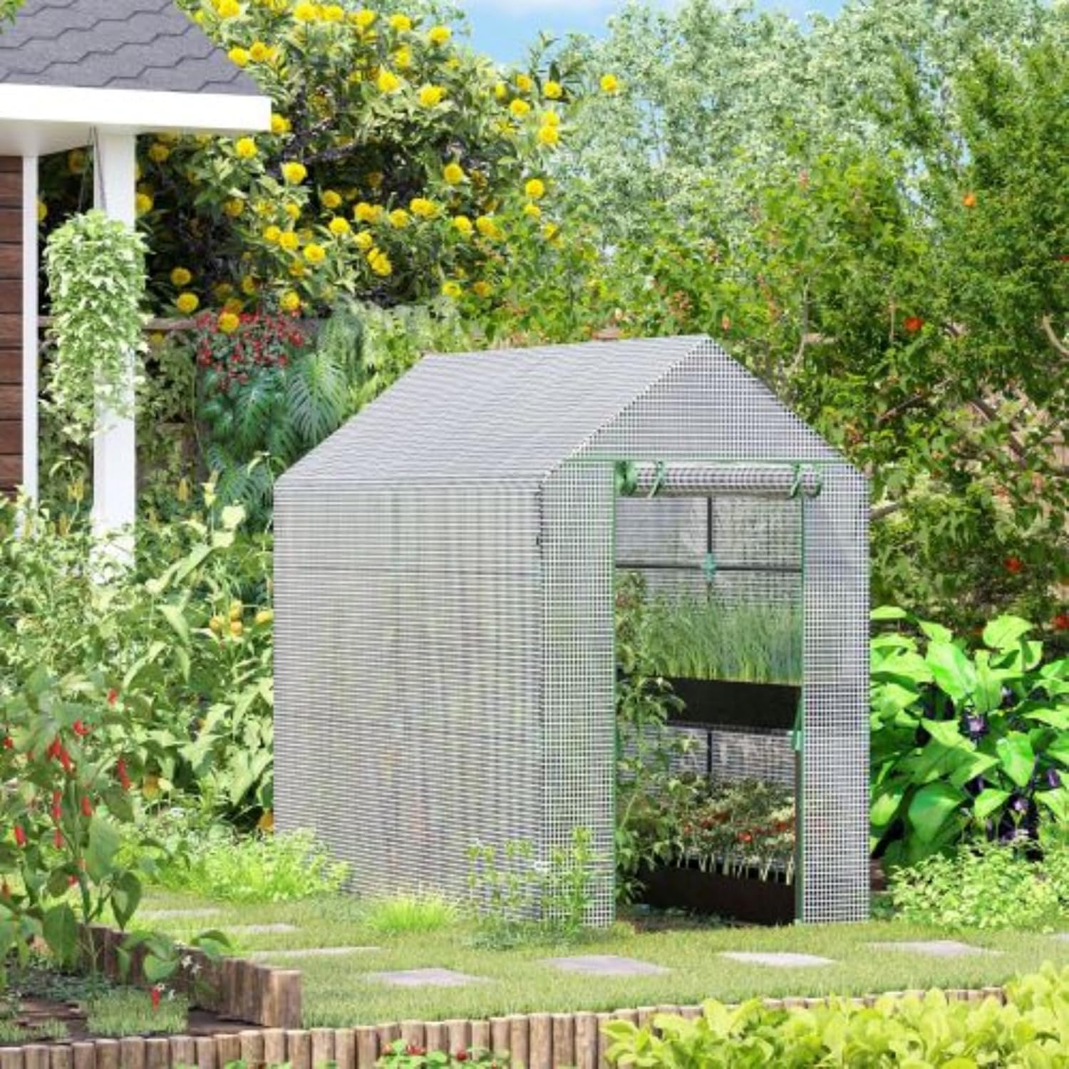47.25" X 73.25" X 74.25" Walk-in Greenhouse, Plant Shed, Outdoor Portable Plant Flower Growing Greenhouse, Roll-up Door and 4 Shelves, White