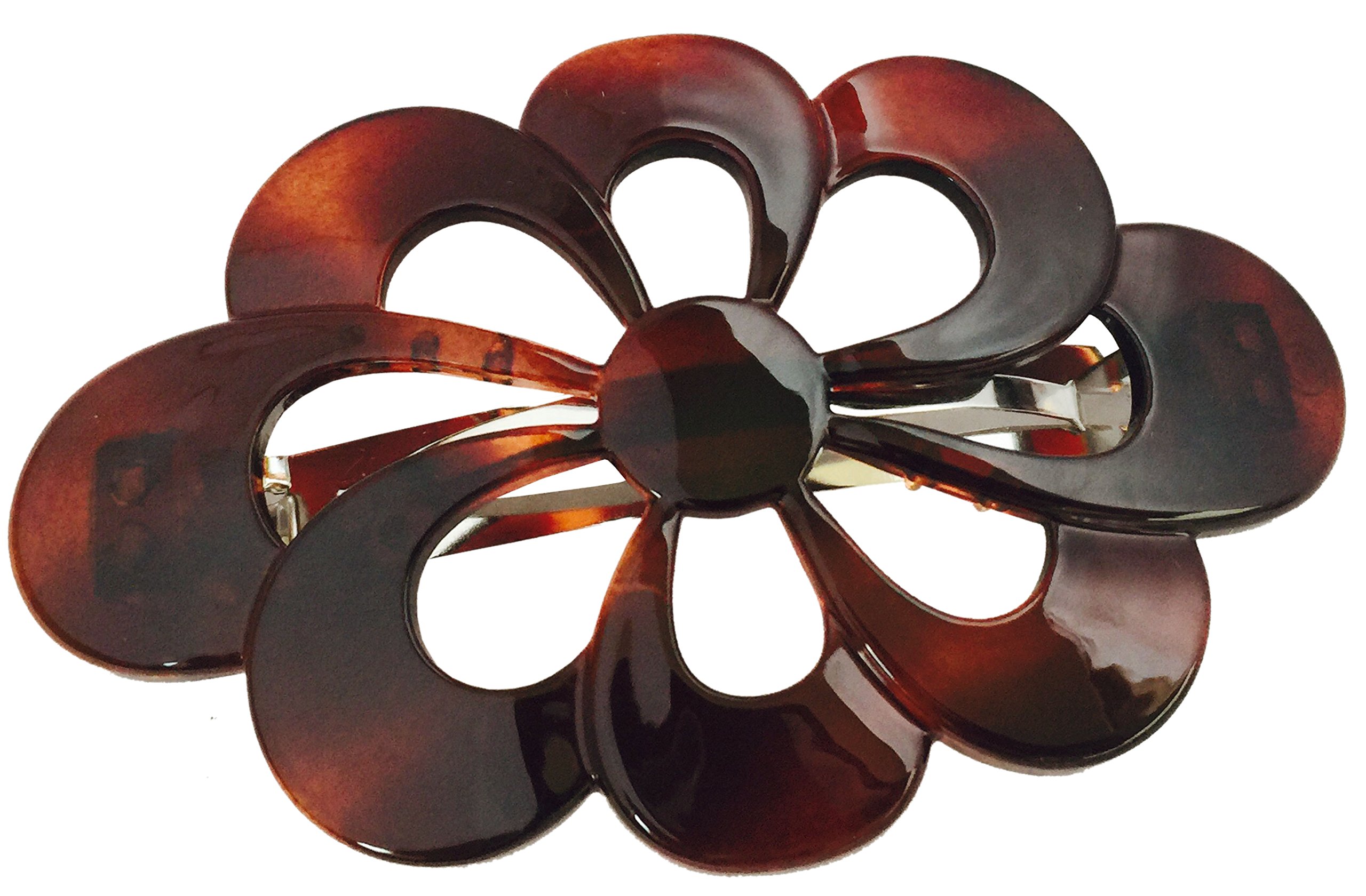 Parcelona French Wide Flower 4" Medium Tortoise Shell Celluloid Hair Barrette Clips Non Slip Women Hair Accessories, Made in France