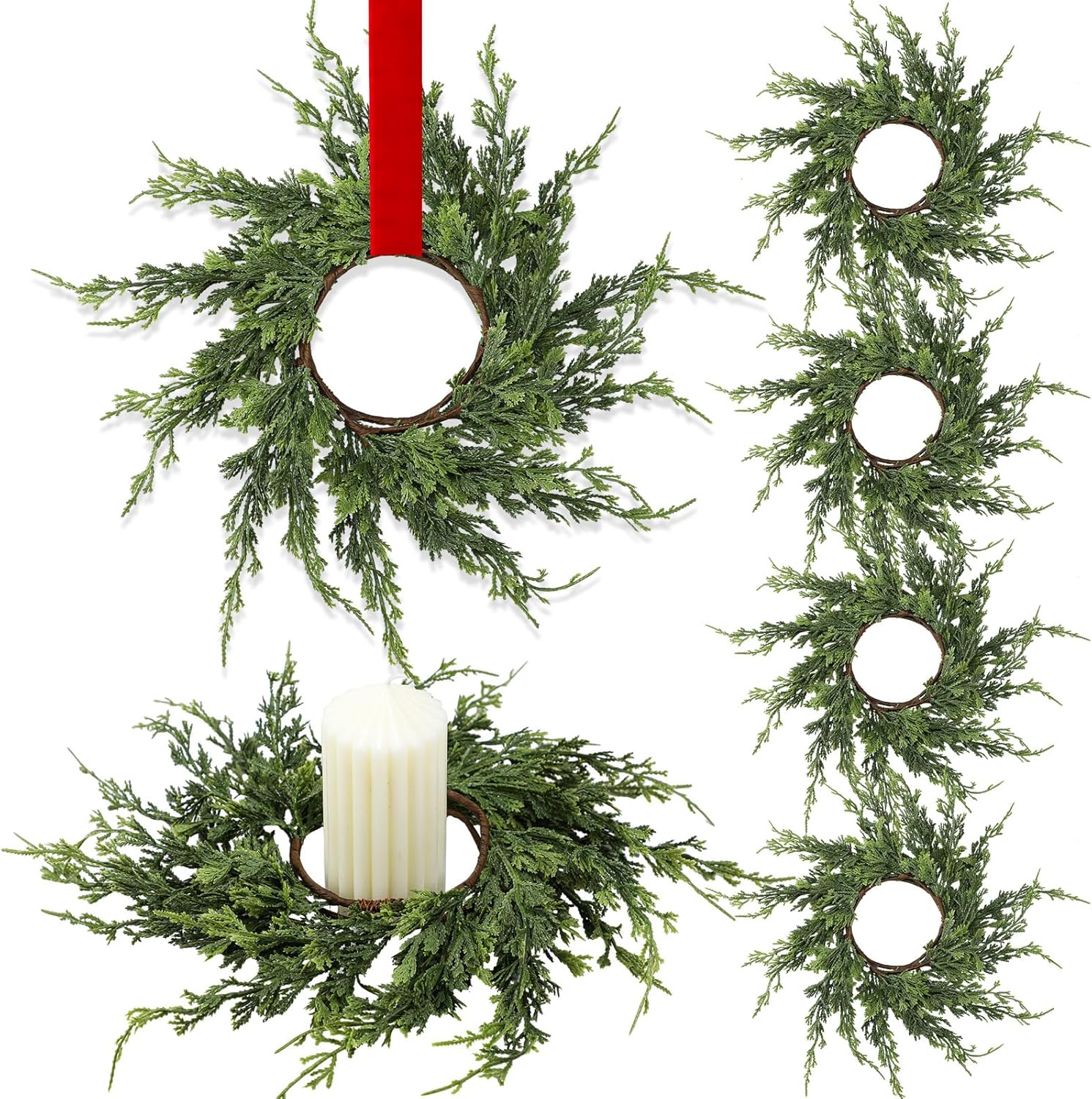 Vesici 4 Pcs 12.6'' Christmas Candle Rings Wreath Artificial Cedar Mini Kitchen Cabinet Wreath Decoration Xmas Candle Ring Table Centerpiece Decor for Christmas Wedding Home Table Decoration