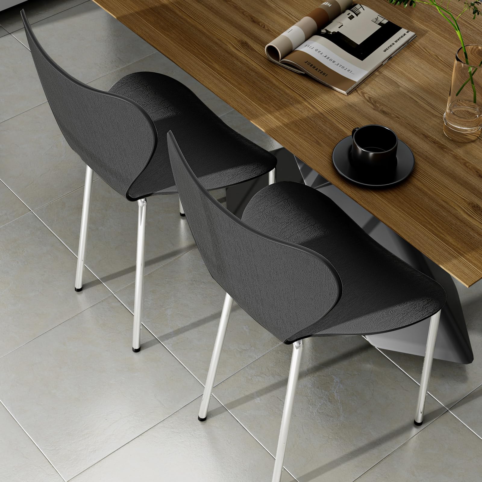 PIPIPOXER Set di 4 Sedie per Sala, sedie plastica, Sedie Cucina in Polipropilene e Robuste Gambe in Metallo, per Sala da Pranzo, Soggiorno, Cucina, Giardino,Nero