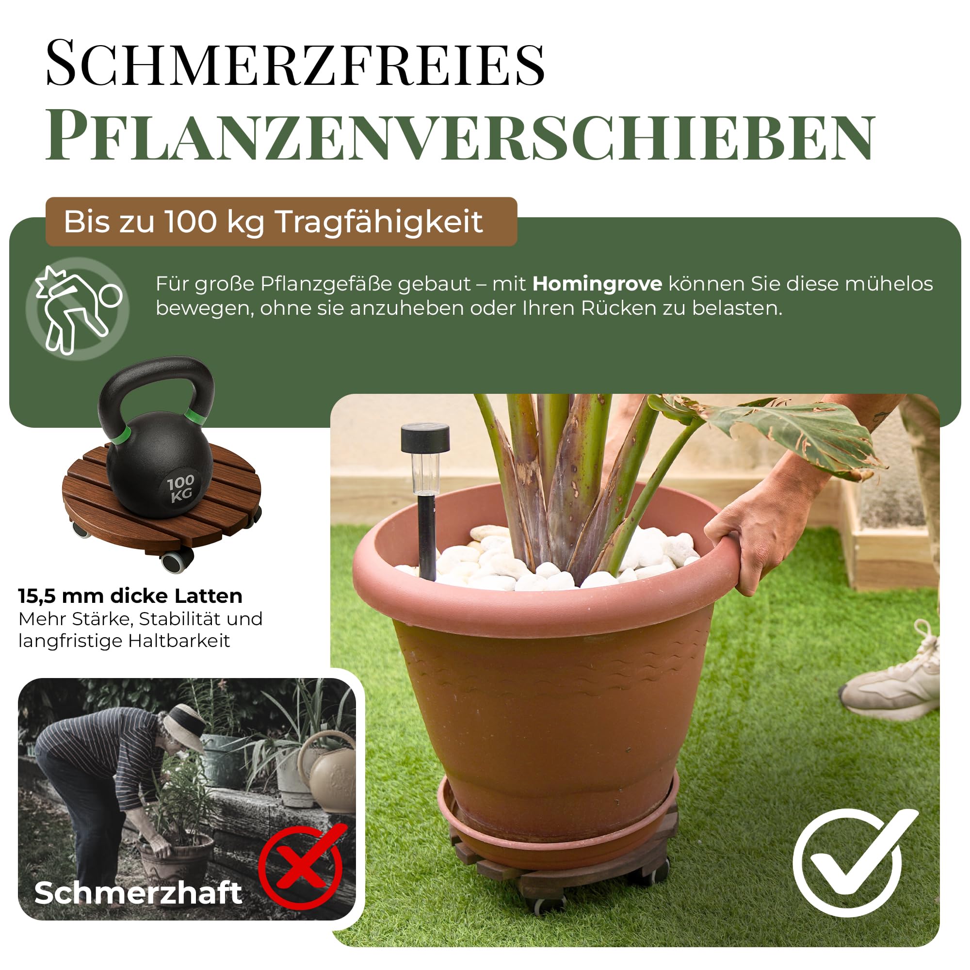 Pflanzenroller Outdoor Rund Ø 30 cm | 2er-Set Blumentopf Untersetzer mit Rollen aus FSC-Erlenholz, bis 100 kg, leise 360° Gummirollen mit Bremse, Rollbrett für Pflanzen Innen & Außen wetterfest