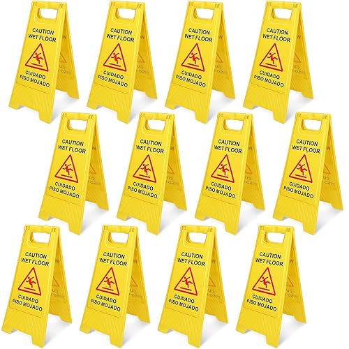 Macarrie Paquete de 12 letreros de advertencia mojada para suelo mojado, doble cara, cuidado Piso Mojado, plegable, bilingüe para uso comercial en