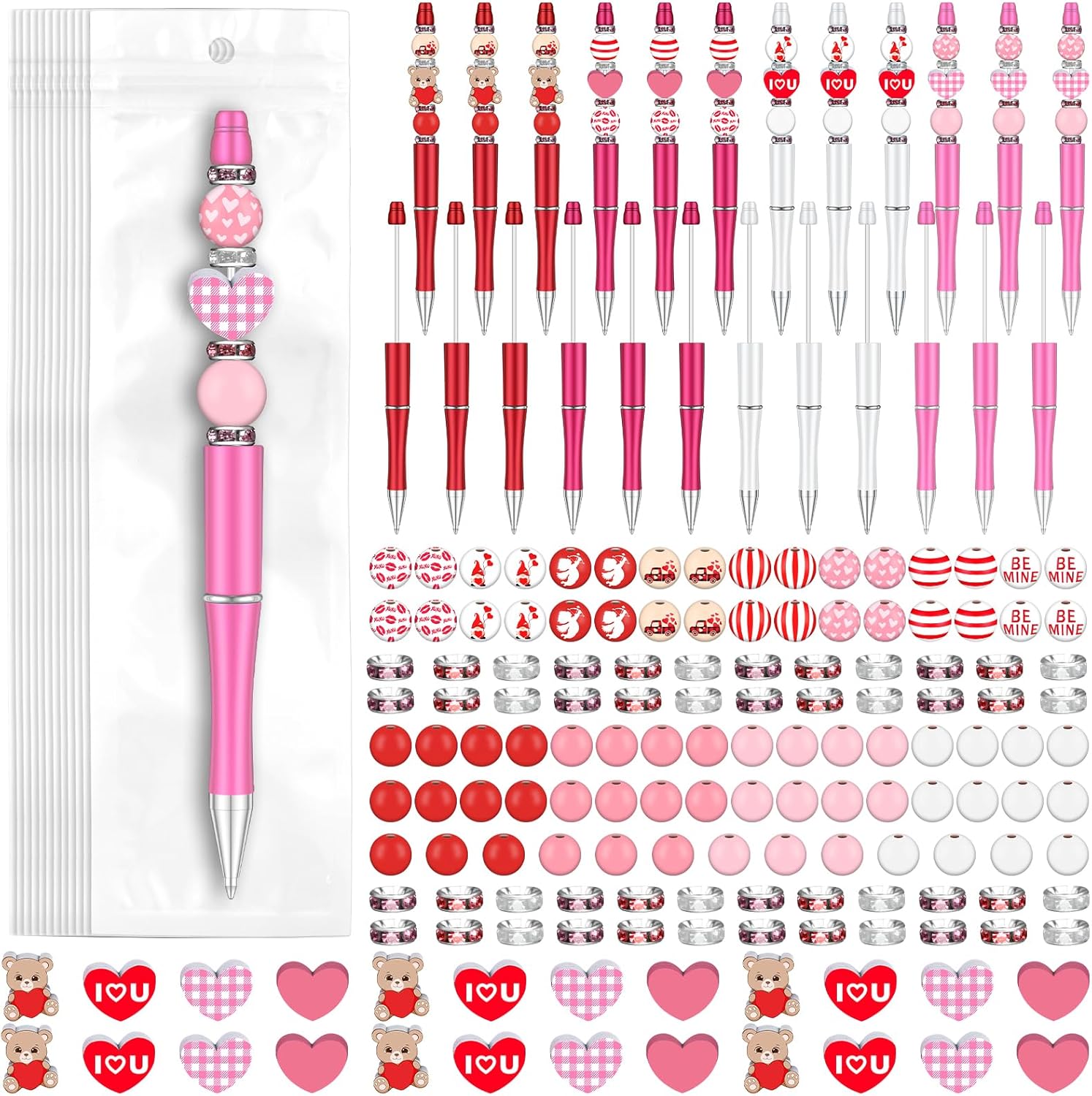 Zhanmai 197 Pcs Valentine‘s Day DIY Beadable Pens Kit 24 Plastic Ballpoint Pen with 101 Assorted Colors Wooden Beads 48 Spacer Bead 24 Packaging Bags for School Gift Office Supplies