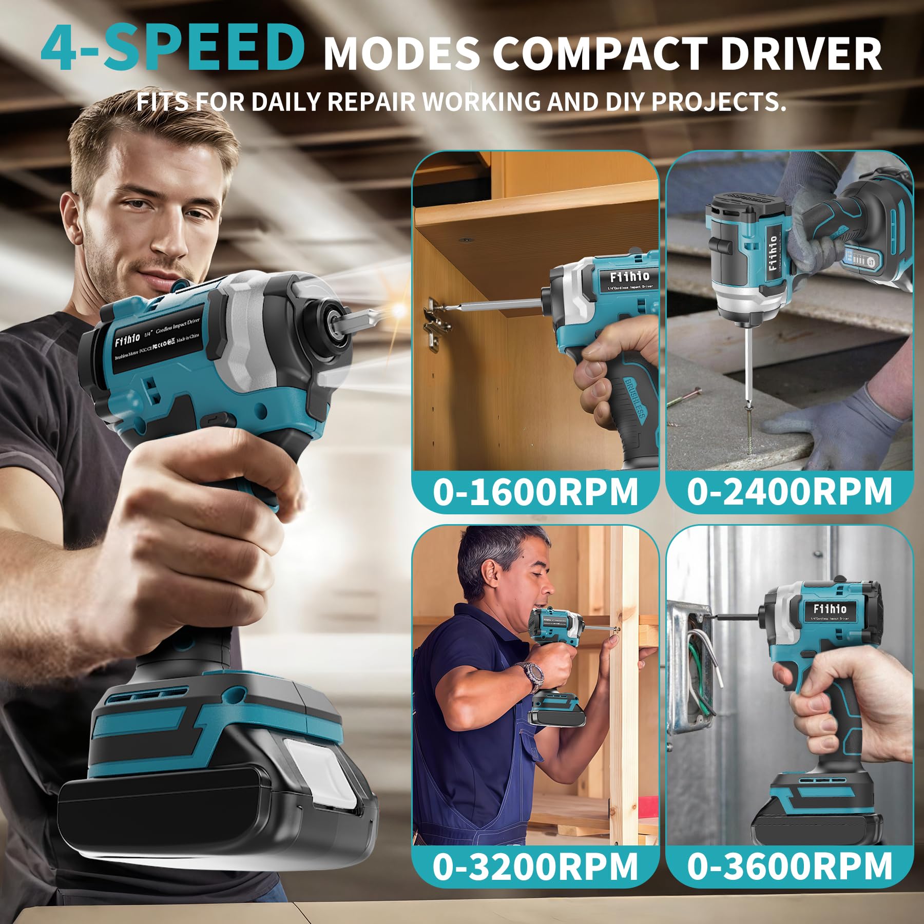 Atornillador de impacto inalámbrico compatible con batería Makita de 18 V, destornillador de impacto hexagonal de 1/4 pulgadas de 2800 pulgadas en libras, herramienta compacta de 4 velocidades